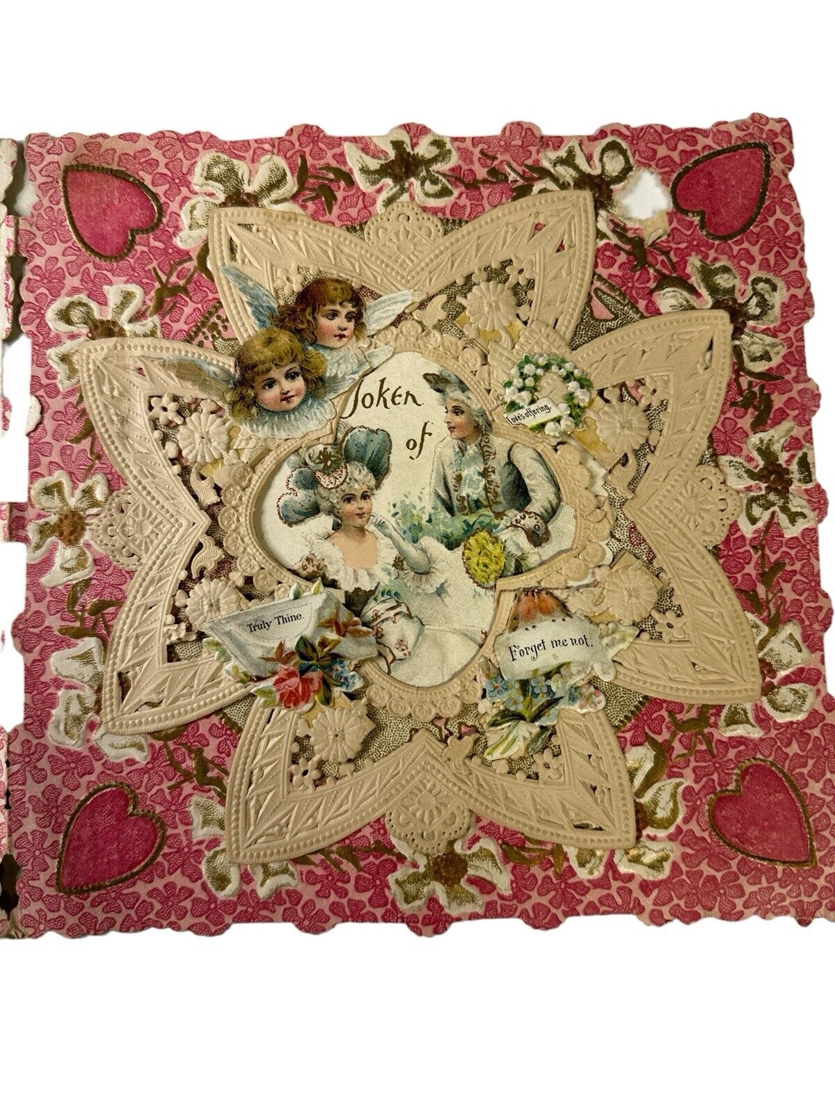 Antique Layered Paper Doily VALENTINE'S DAY CARD Pink and Gold Flowers