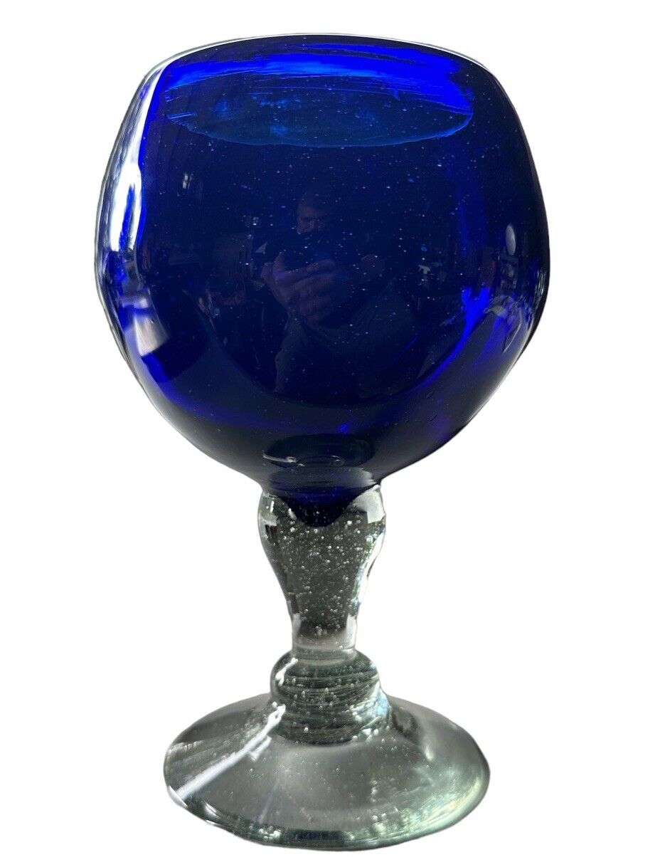 Authentic Blown Glass Large Bar Goblet Cobalt Blue Made In Mexico Tonala