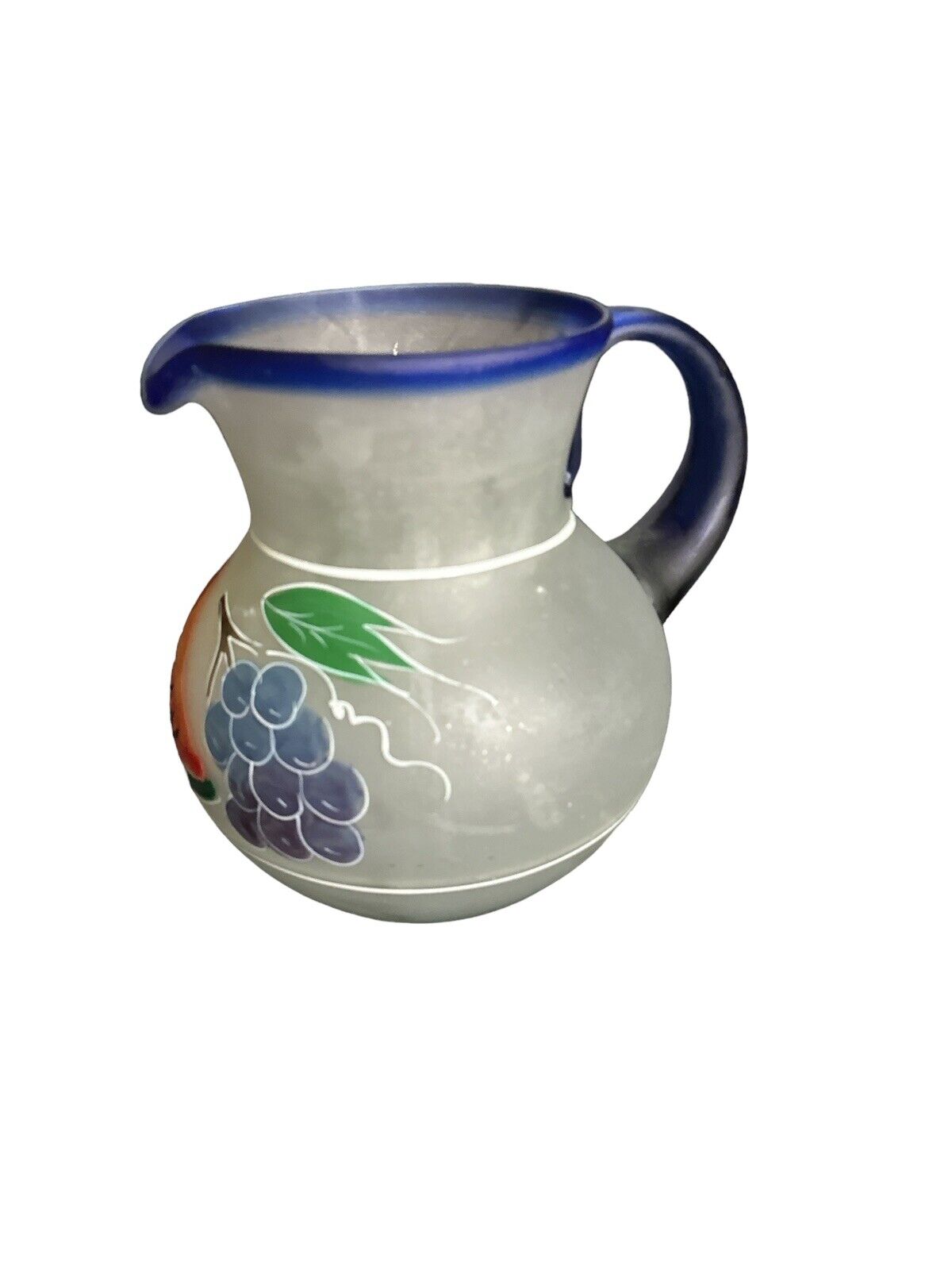 Vtg Handmade Blown & Painted Mexican Lemonade Pitcher 6 Glasses And Metal Holder