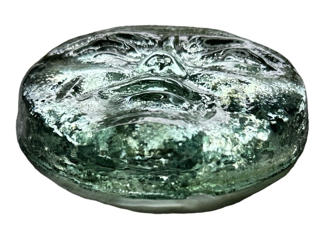 Vtg Pressed Glass Moon Face Round Paperweight Mid-Century Artmade In Mexico 4”