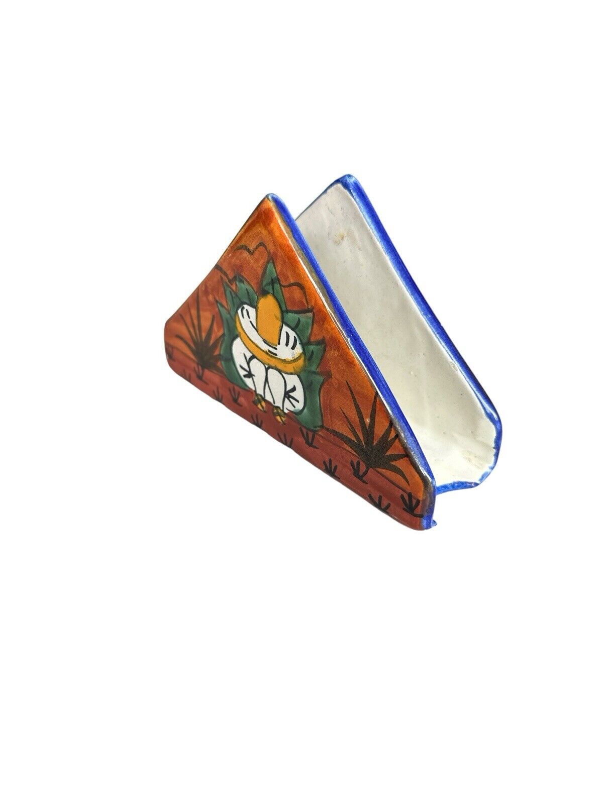 Vintage Mexican Pottery Ceramic Napkin Holder Colorful Cactus Pattern Folk Art