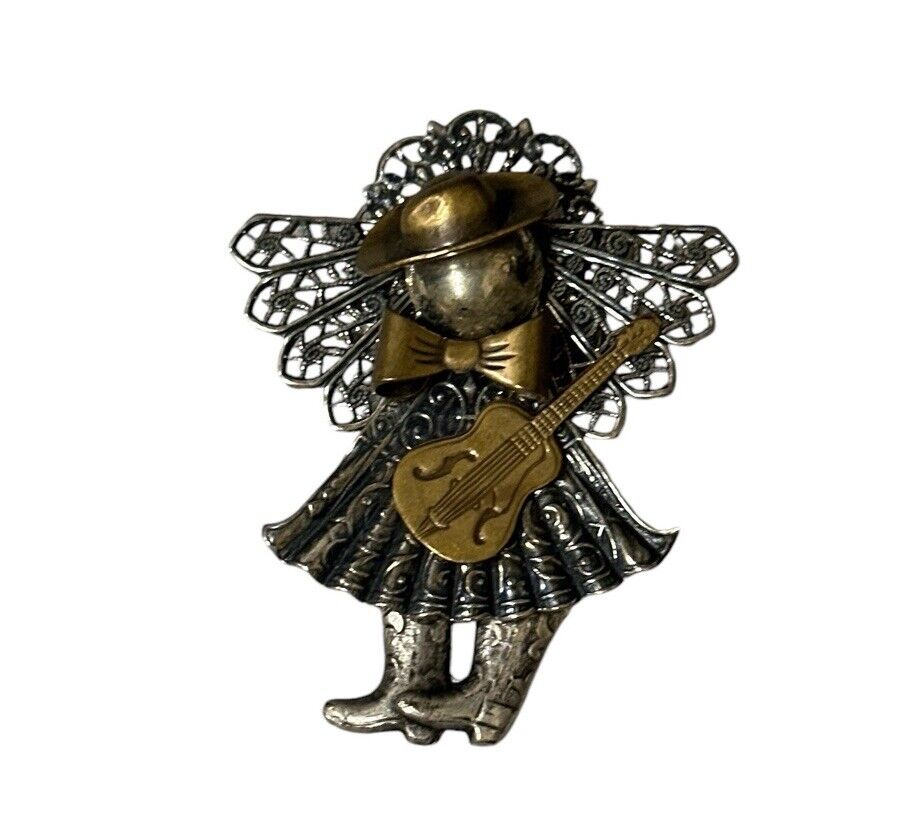 Lot of 2 Vtg silver brass cowgirl angel and Napier silver guitar brooch pin