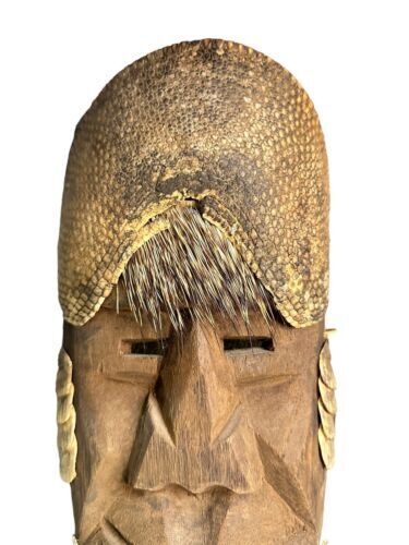 Old Mexican Folk Art Dance Mask Carved Wood Porcupine Quills Armadillo Large