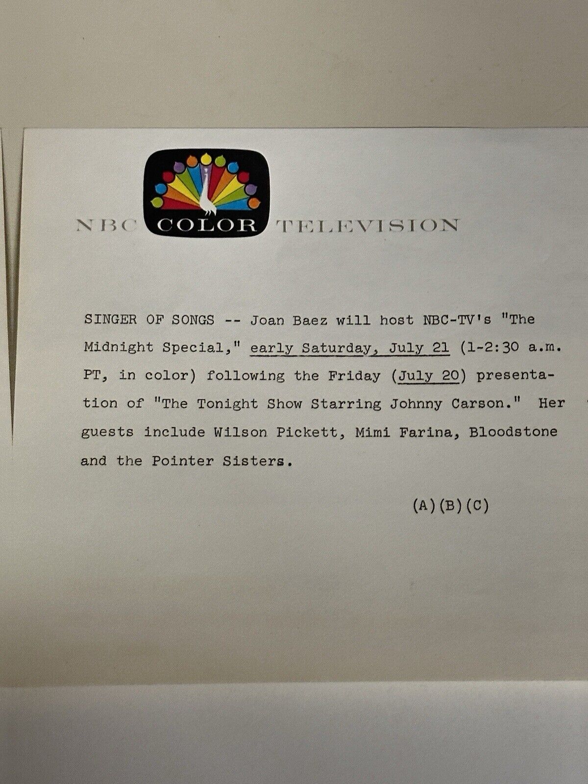 1973 Joan Baez Press Release Photo The Midnight Show NBC
