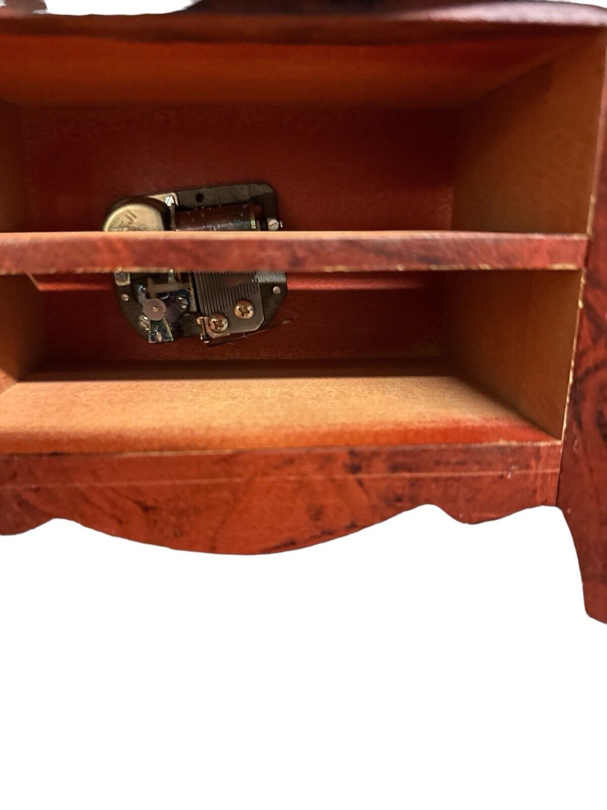 Amazing Jewelry Musical Box Delicate Lid Pulls Down+ Drawers Open Footed Wood