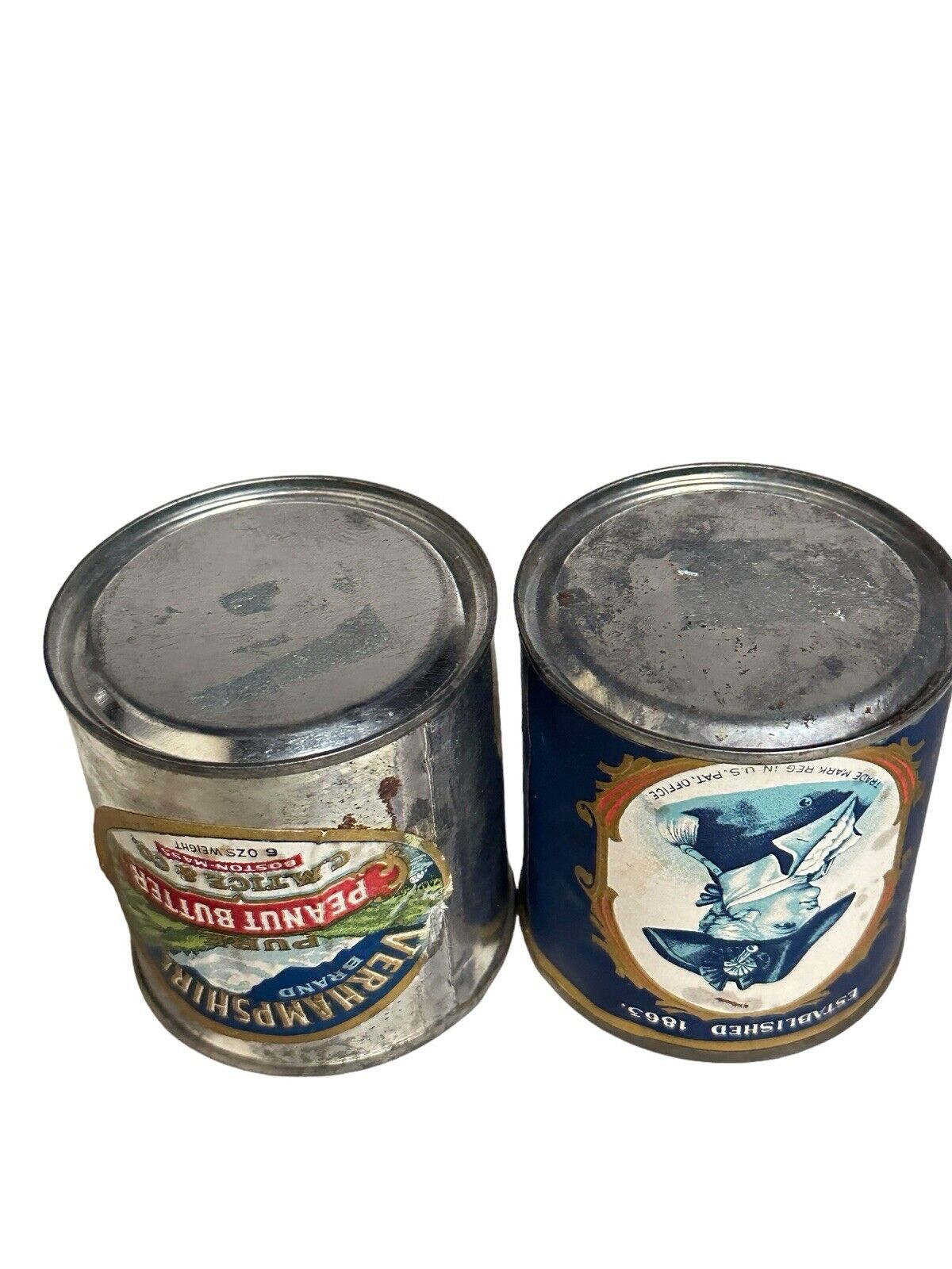2 1920s Verhampshire brand & Wayne Small Tin Cans Cantique TM Antiques