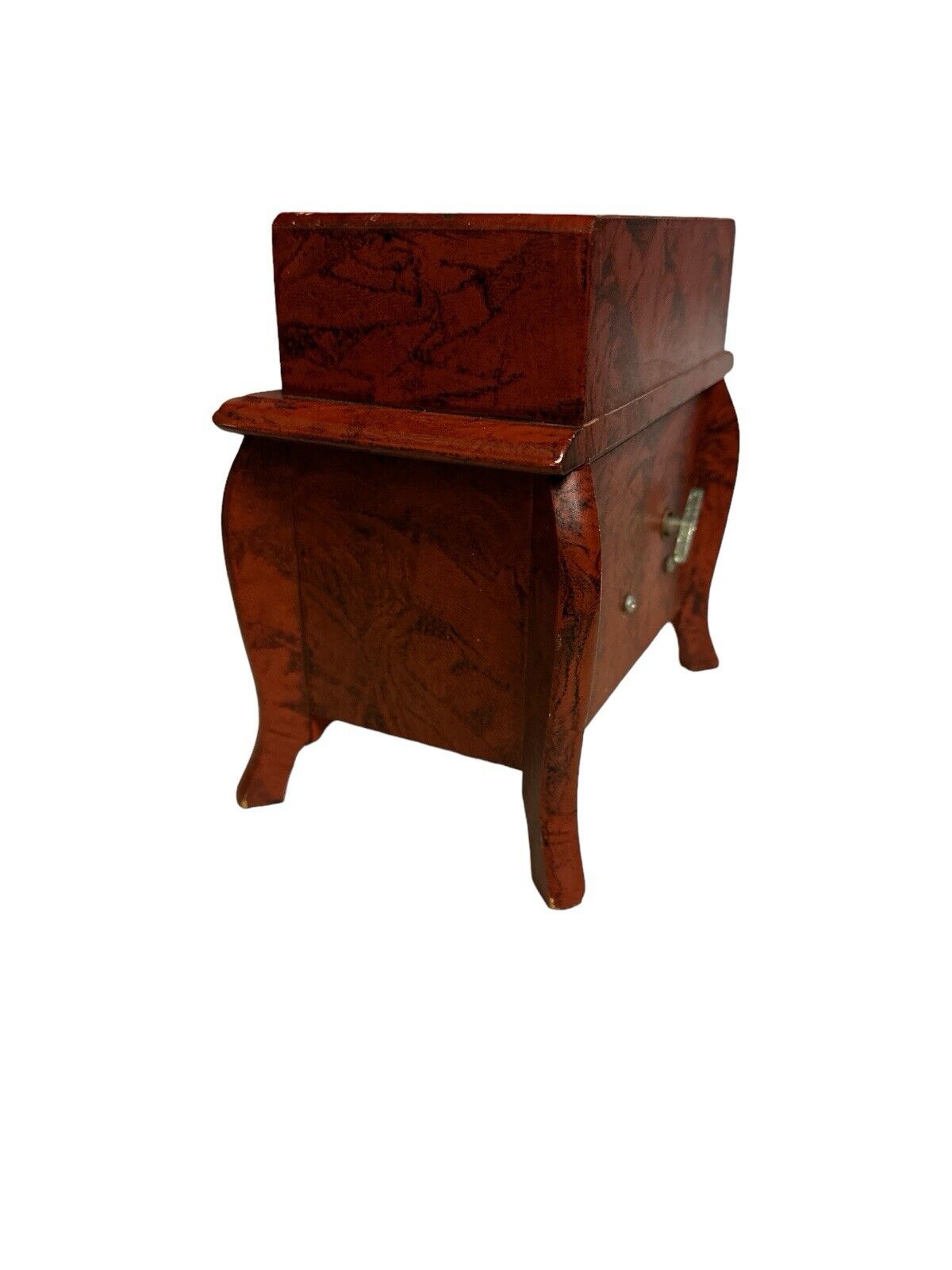 Amazing Jewelry Musical Box Delicate Lid Pulls Down+ Drawers Open Footed Wood