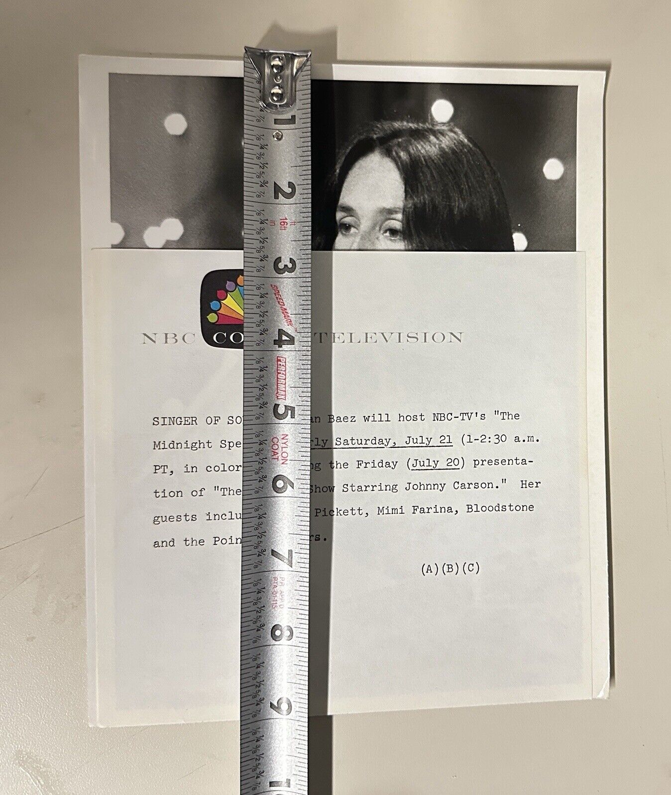 1973 Joan Baez Press Release Photo The Midnight Show NBC