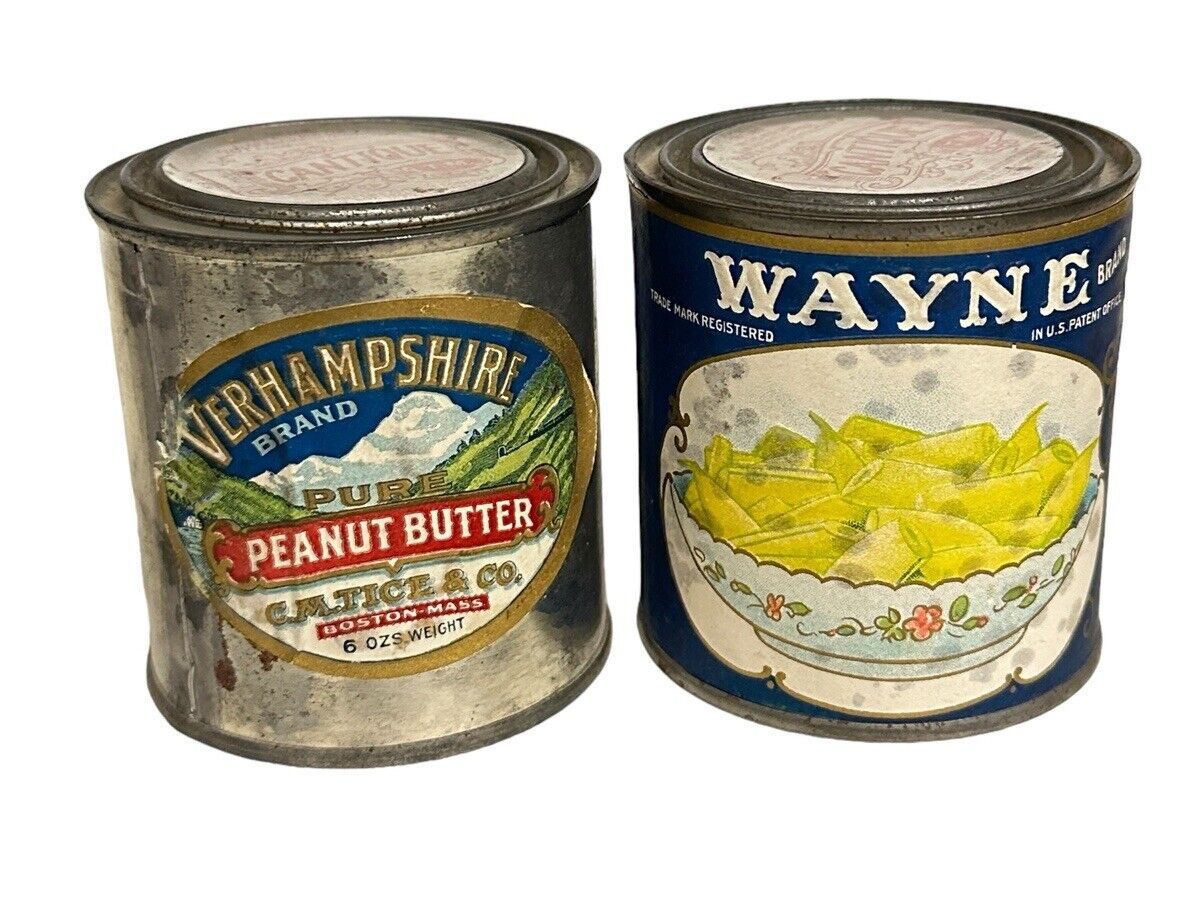 2 1920s Verhampshire brand & Wayne Small Tin Cans Cantique TM Antiques
