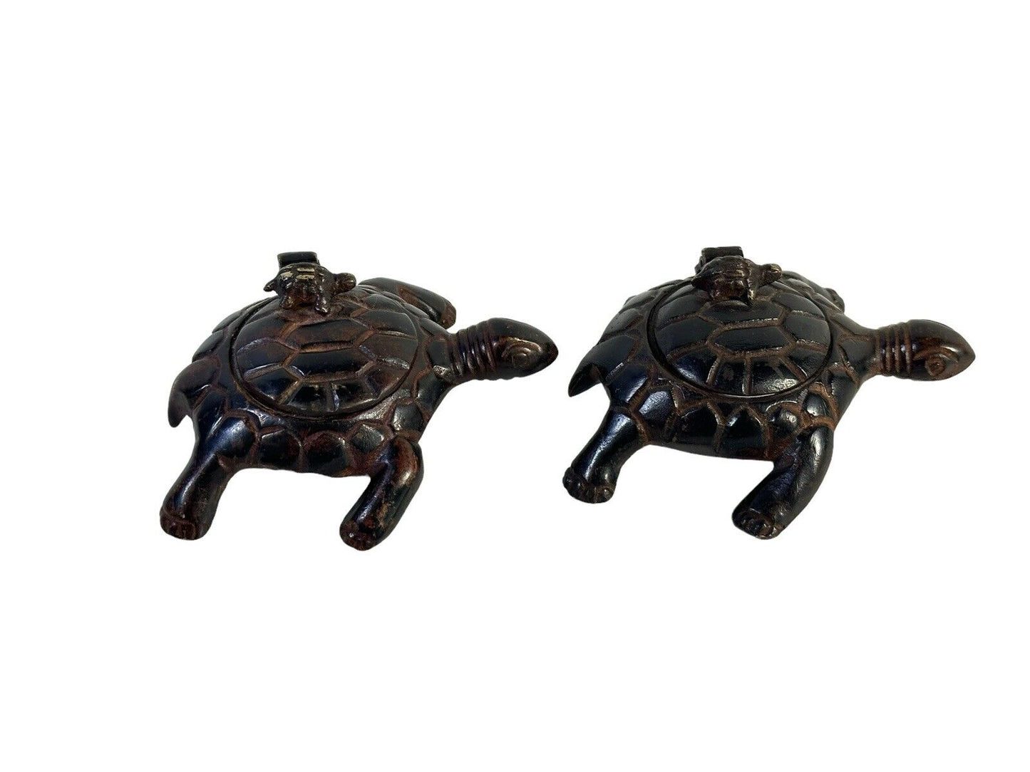 Lot of 2 Good Luck Mother and Baby Candle Incense Holder Bronzed Metal Turtles