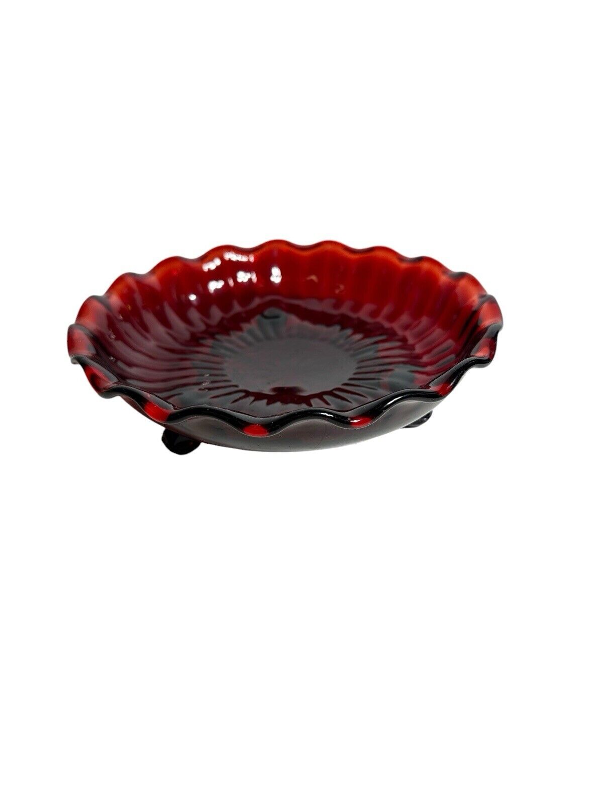 Vtg 1950’s Anchor Hocking Royal Ruby Red Candy Dish Bowl Ribbed Star 3 Footed 7"