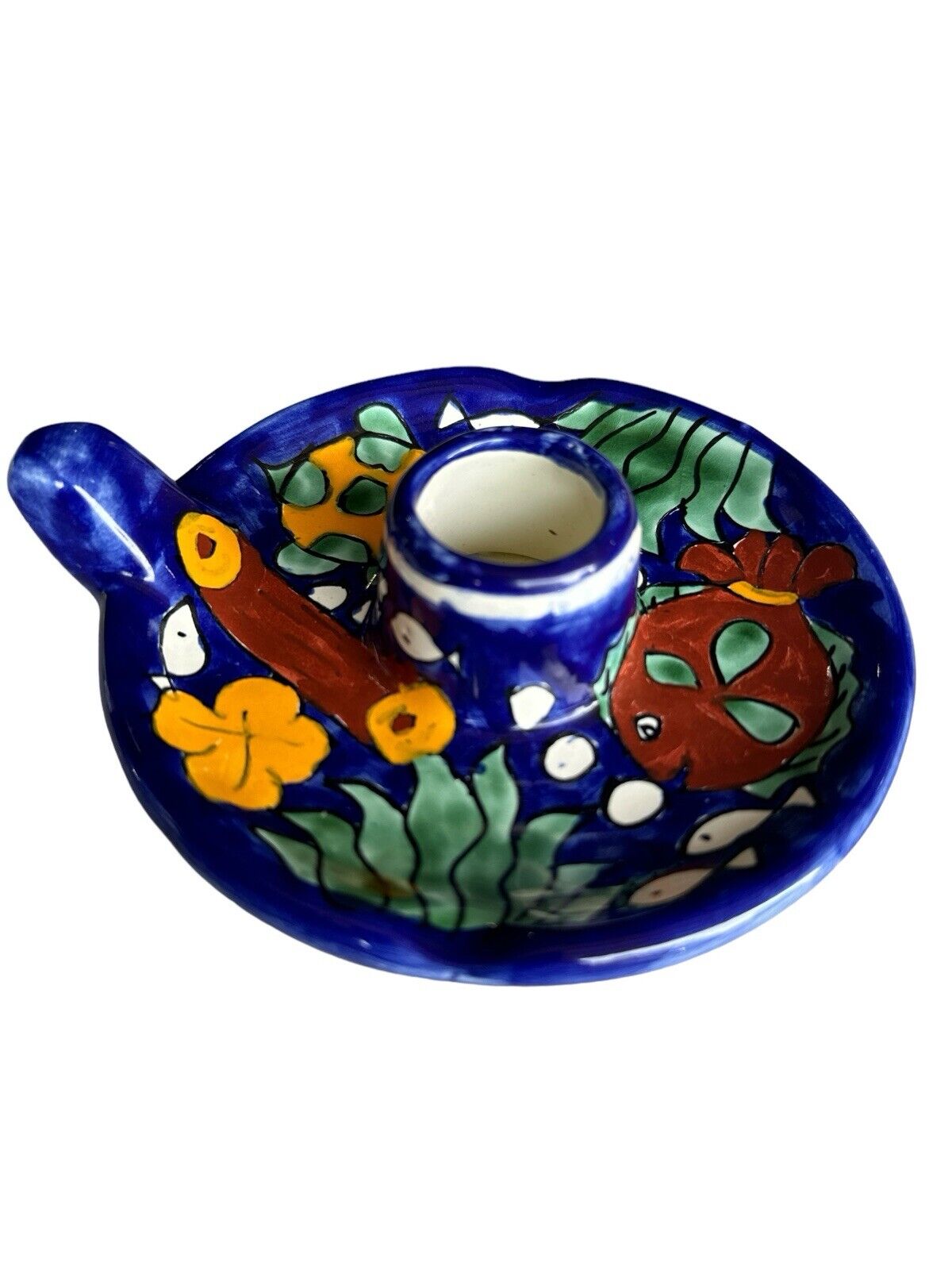 Handmade Painted signed C. Hidalgo H. Mexico Terracotta Pottery Candlestick