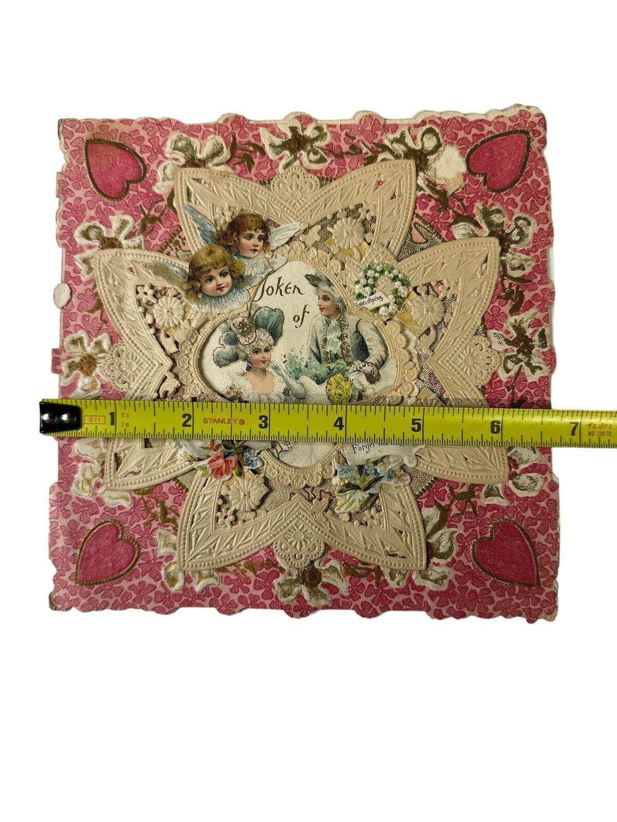 Antique Layered Paper Doily VALENTINE'S DAY CARD Pink and Gold Flowers