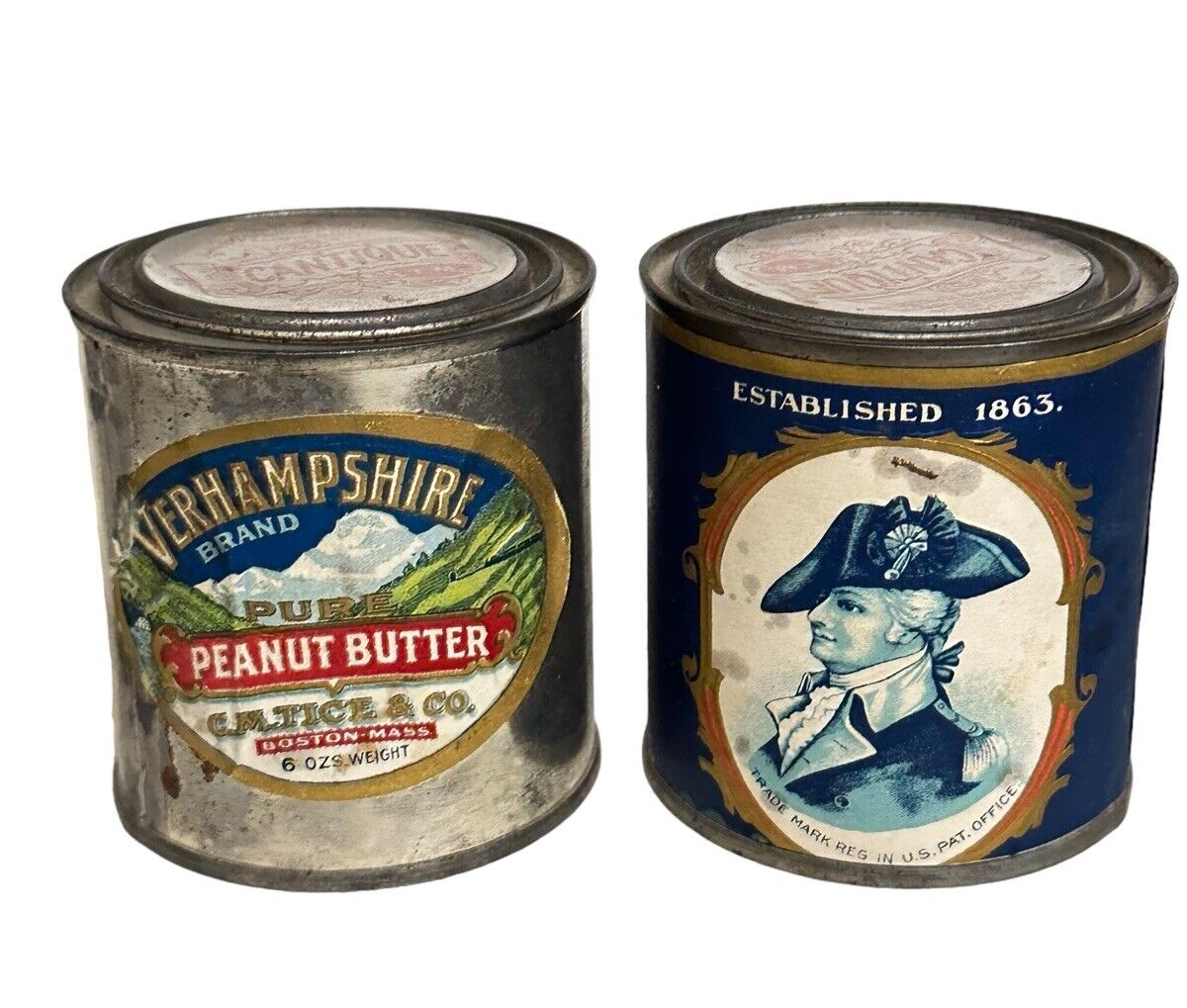 2 1920s Verhampshire brand & Wayne Small Tin Cans Cantique TM Antiques