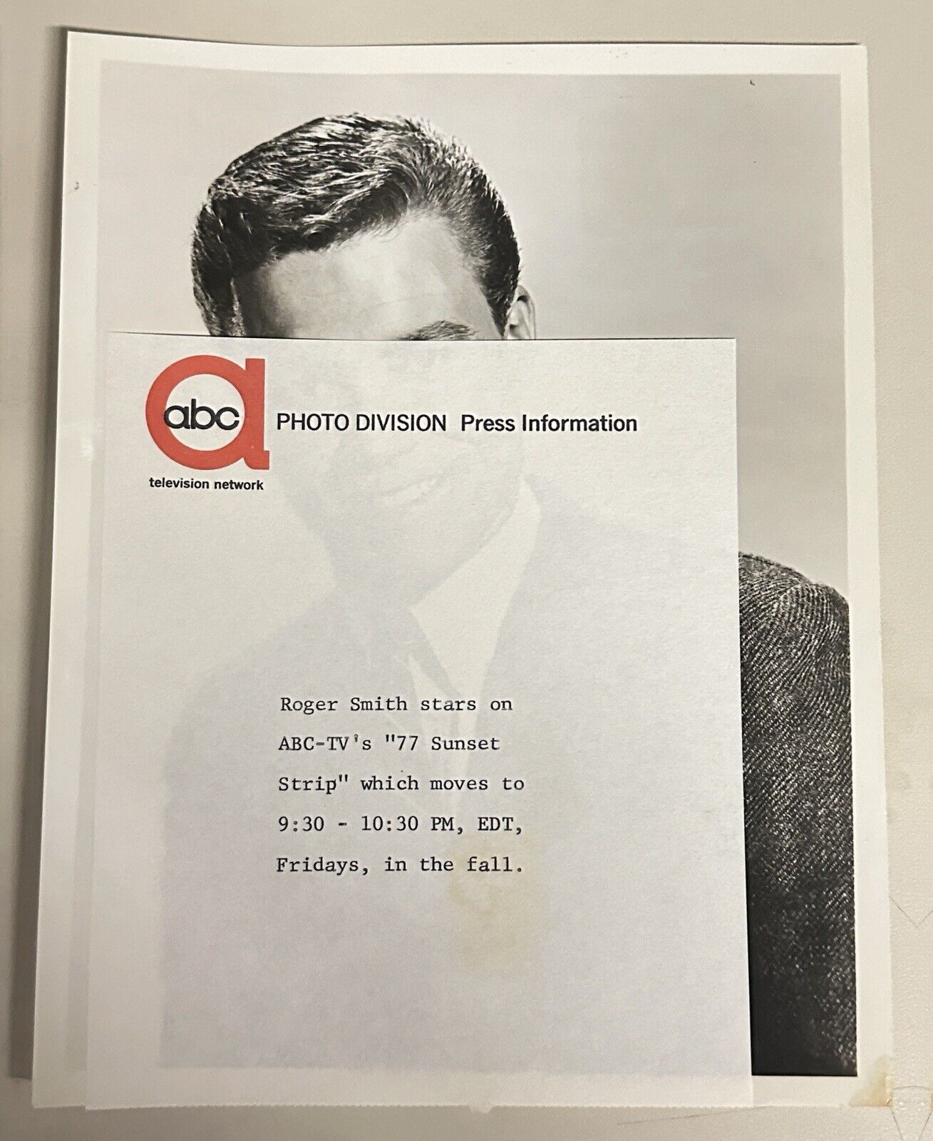 1962 ABC TV Press Release Photo Roger Smith 77 Sunset Strip 7” x 9” Original