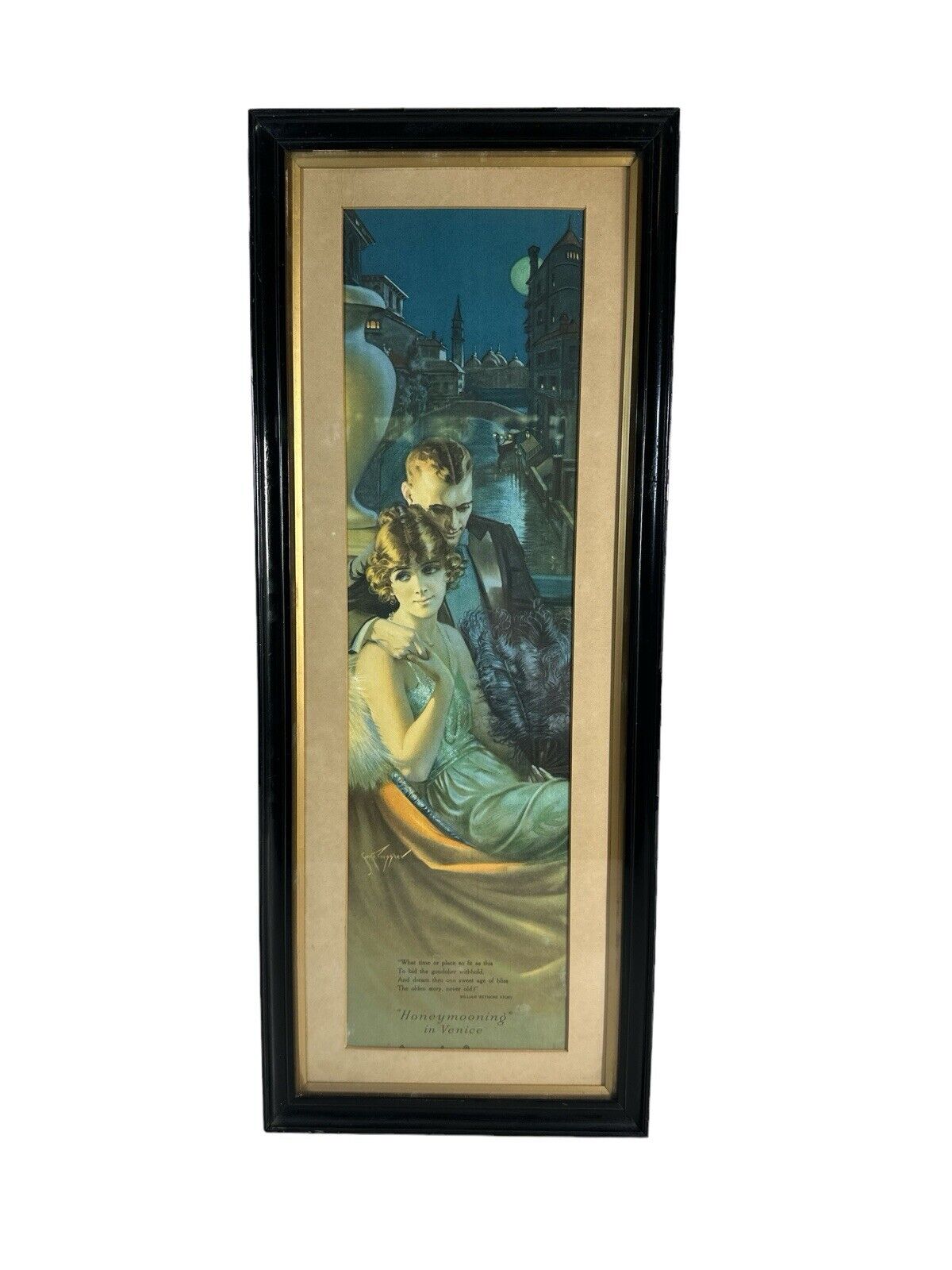 Antique Original Litho Framed Gene Pressler Honeymooning in Venice 30” X 12”