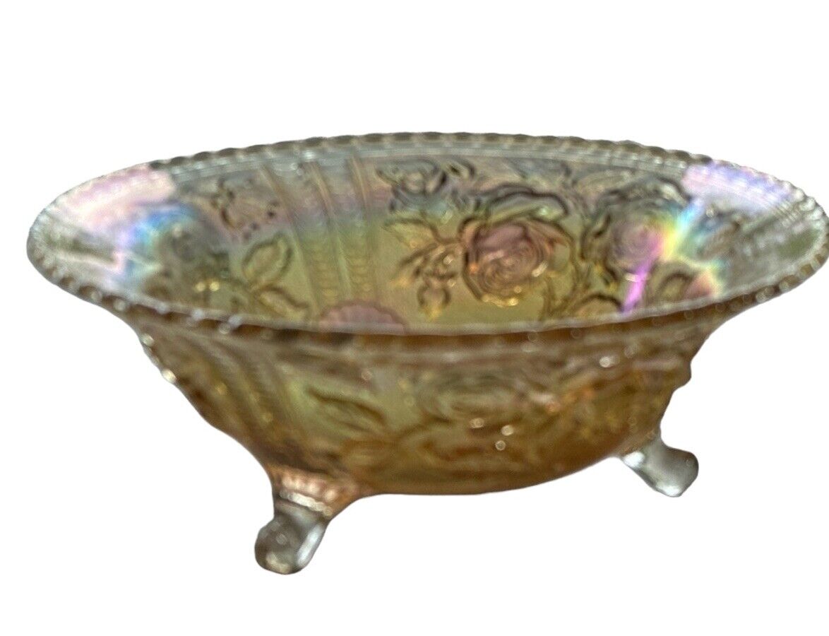 Vintage Carnival Glass Imperial Footed Bowl Luster Peach Iridescent 1930’s