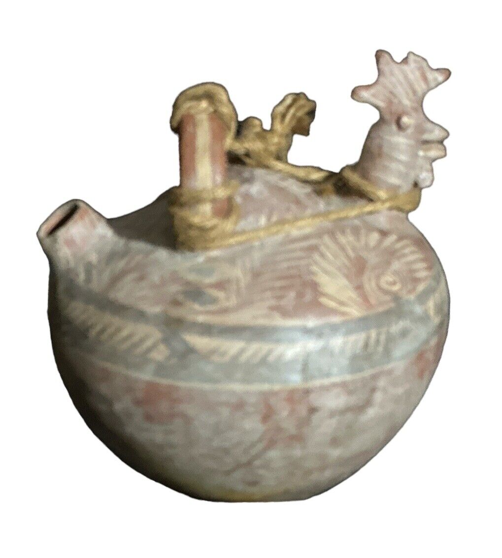 Primitive Mexican Pottery Water Jug Handmade & Hand Painted Unique Bird Design