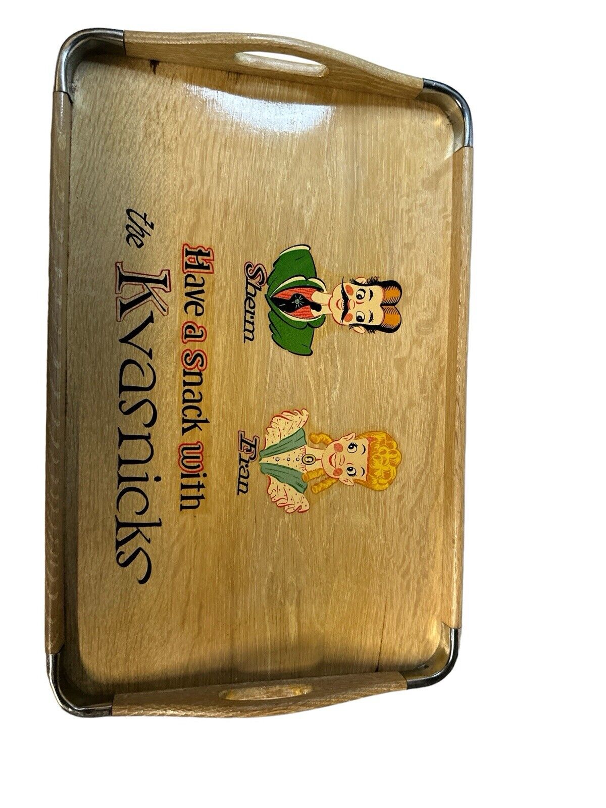 Vintage Wooden Serving Tray MCM Hand Painted Japan Mod MCM Handled Platter