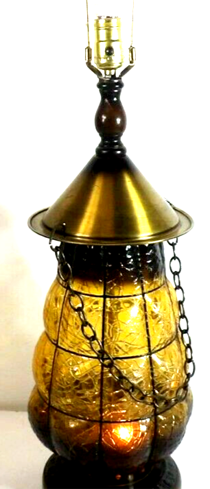 Vtg Mid Century Modern Stained Yellow Glass Globe Crackle Glass Gothic Lamp