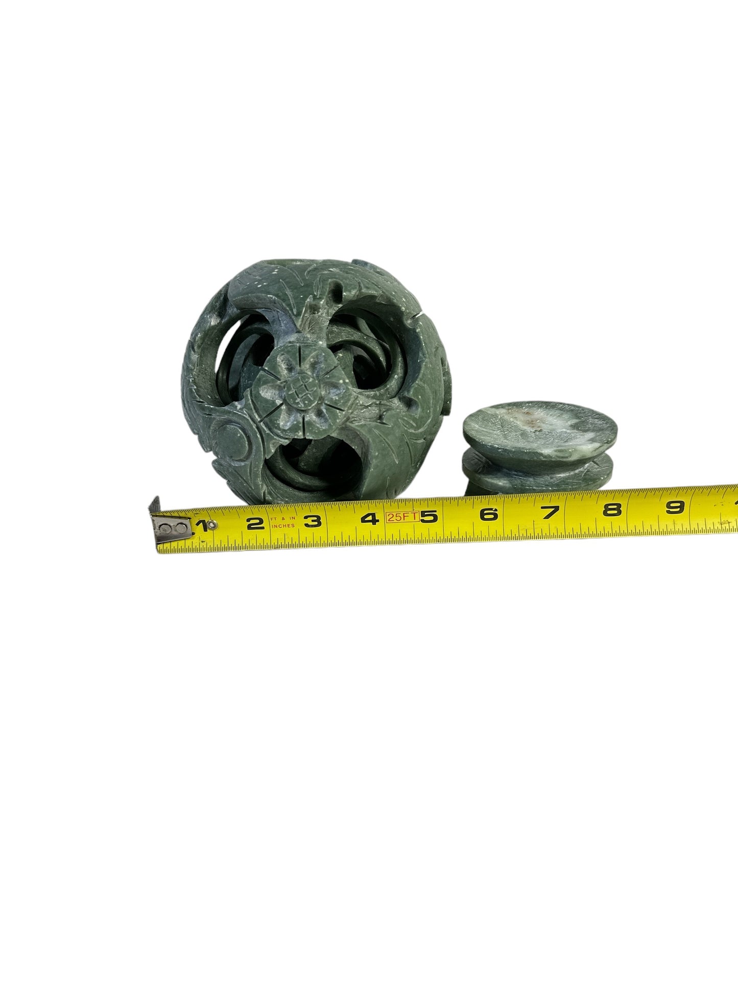 Jade Hand Carved Chinese Green Stone Puzzle Ball 4″ & 4 Layers With Stand