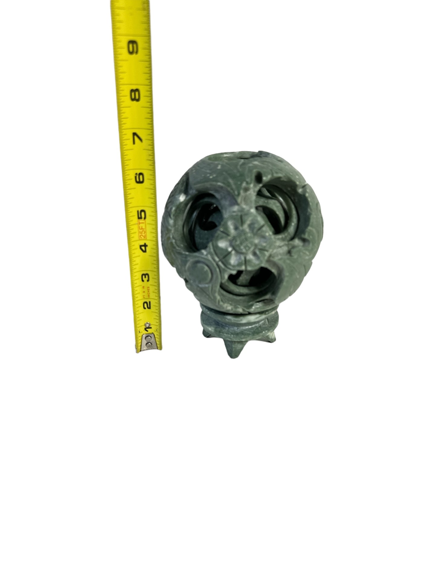 Jade Hand Carved Chinese Green Stone Puzzle Ball 4″ & 4 Layers With Stand