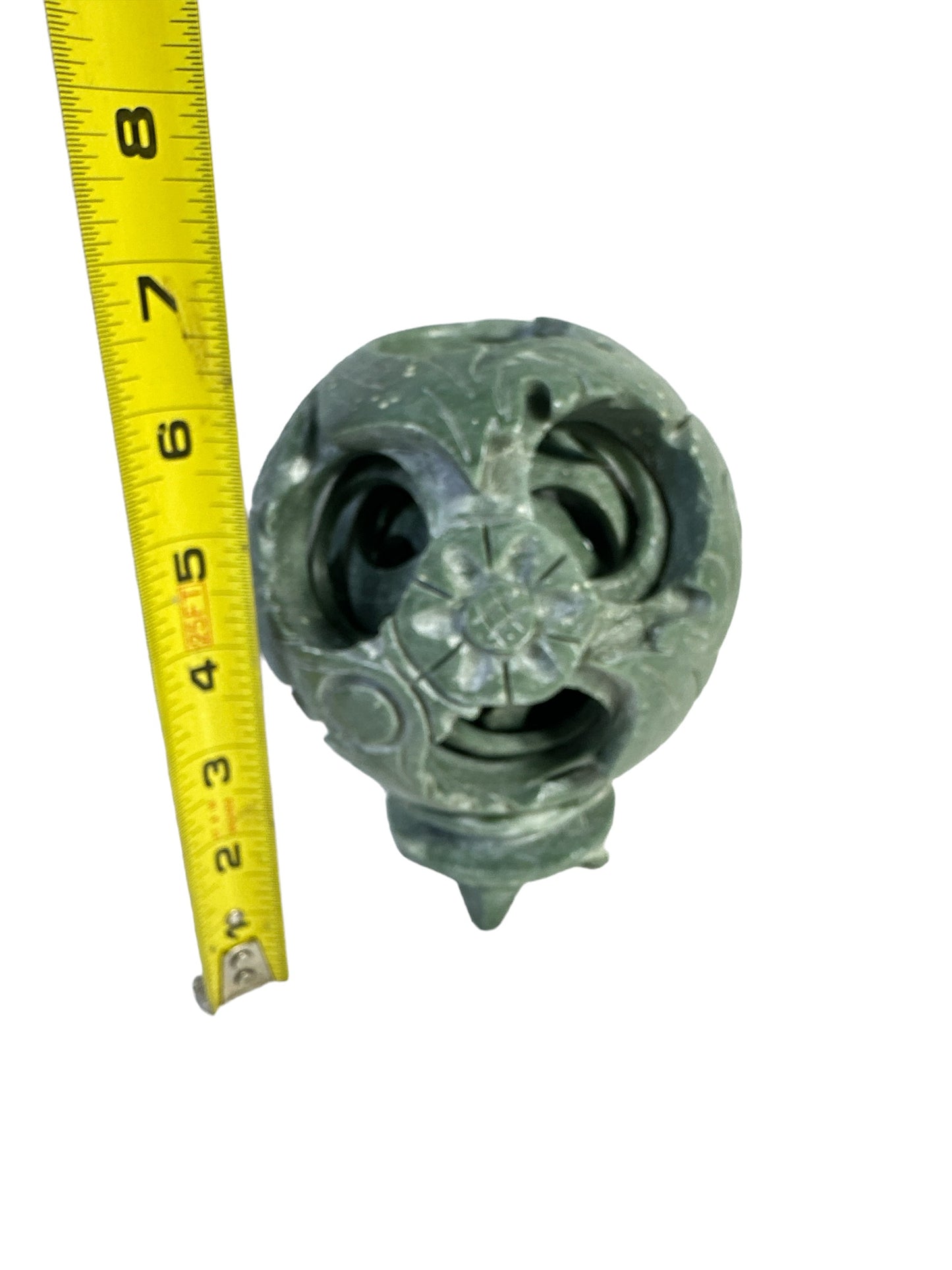 Jade Hand Carved Chinese Green Stone Puzzle Ball 4″ & 4 Layers With Stand