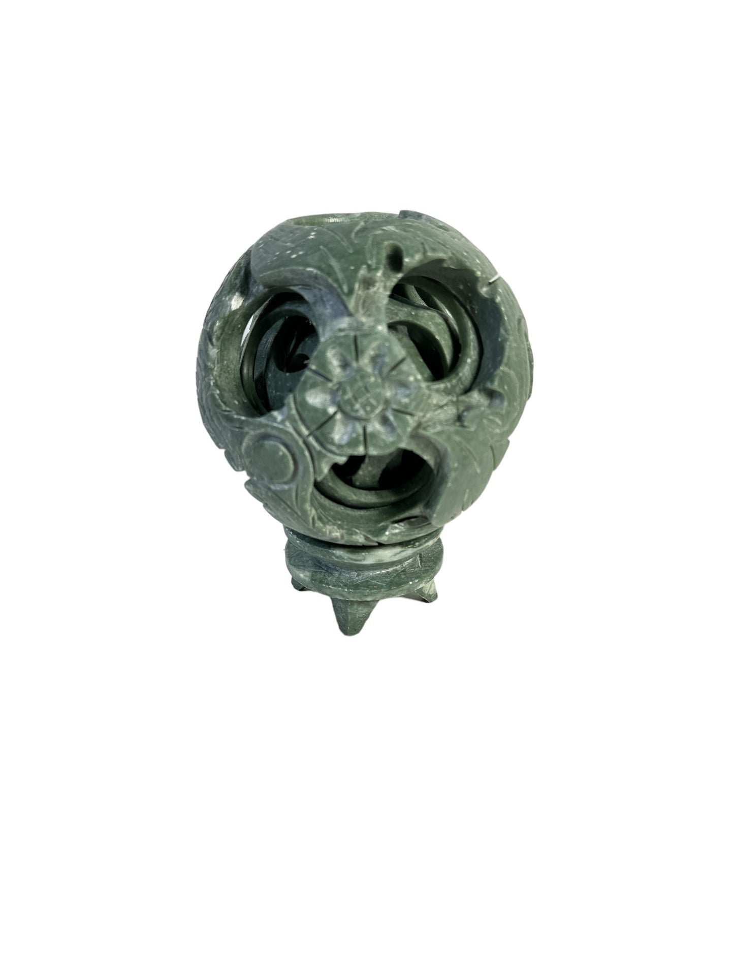 Jade Hand Carved Chinese Green Stone Puzzle Ball 4″ & 4 Layers With Stand