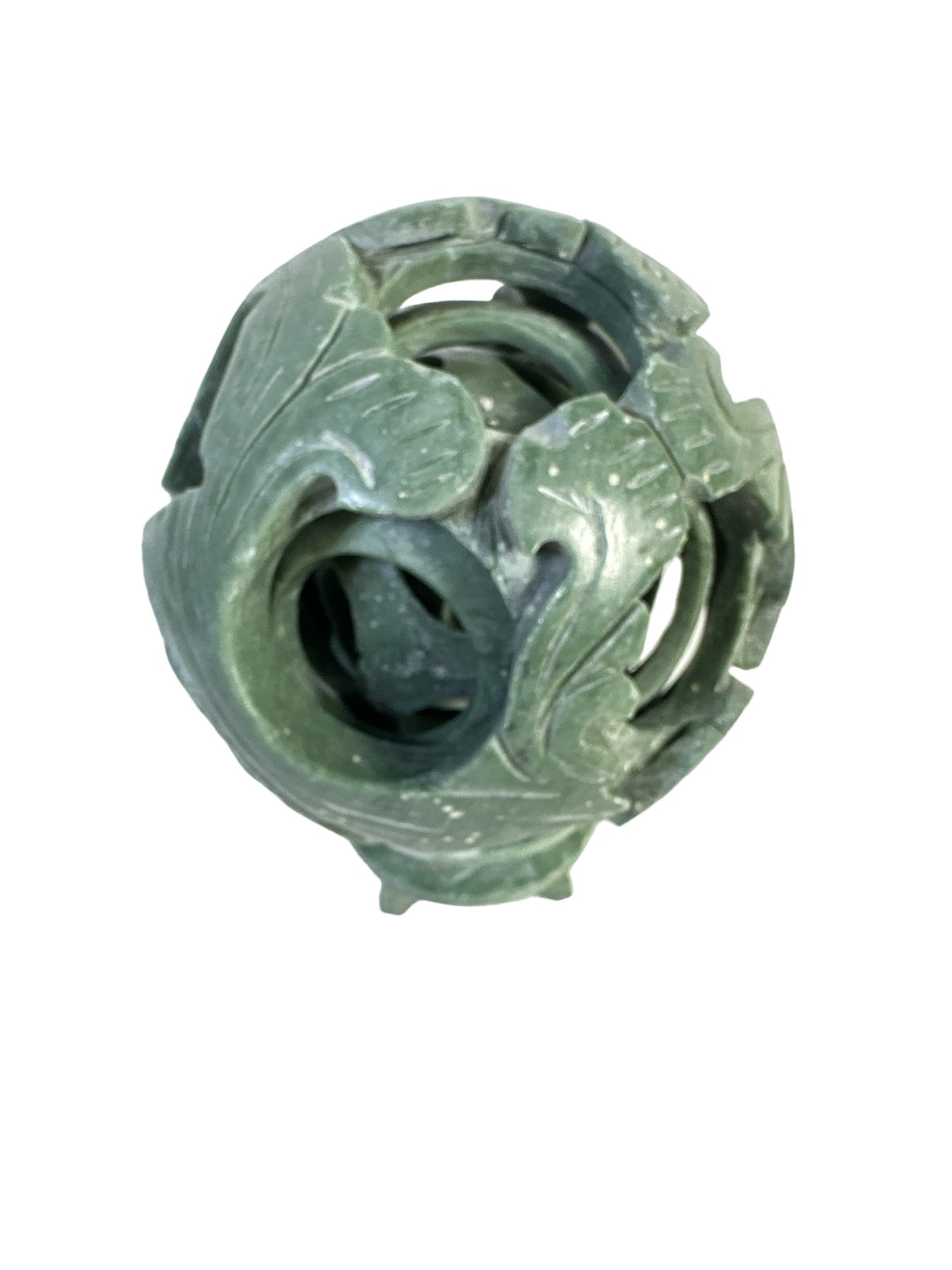Jade Hand Carved Chinese Green Stone Puzzle Ball 4″ & 4 Layers With Stand