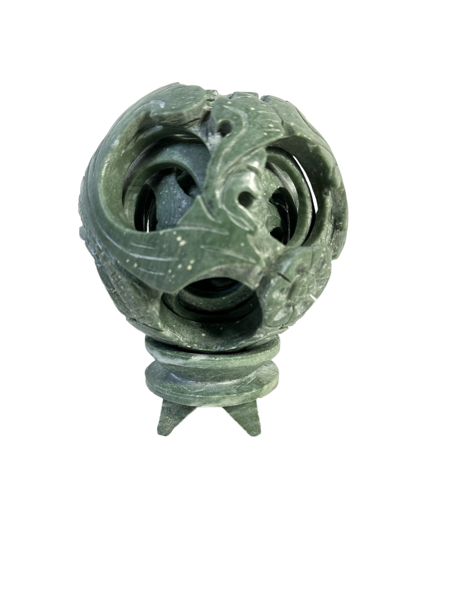Jade Hand Carved Chinese Green Stone Puzzle Ball 4″ & 4 Layers With Stand