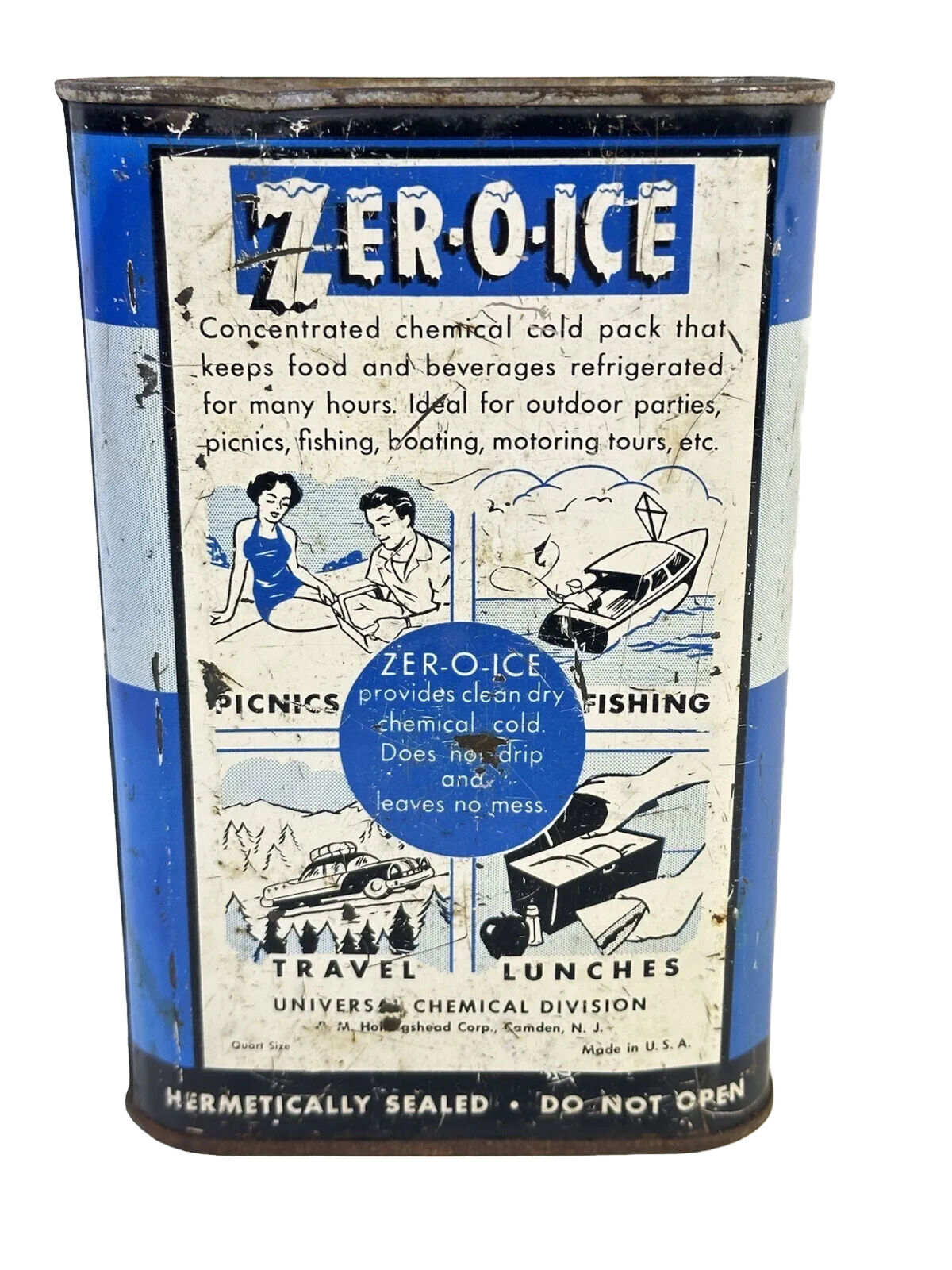 Antique Vintage Zero-O-Ice Portable Refrigerant Compressed Cold Tin Container