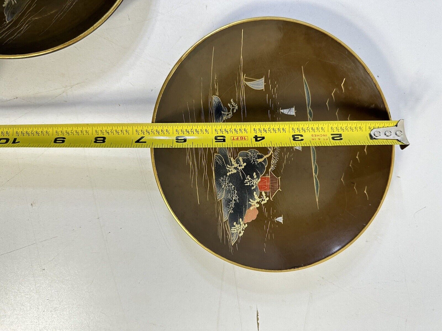 Lot Of 4 Vtg Japanese Coco Lacquer Ware Handpainted Landscape Plate, 6 3/4" Dia