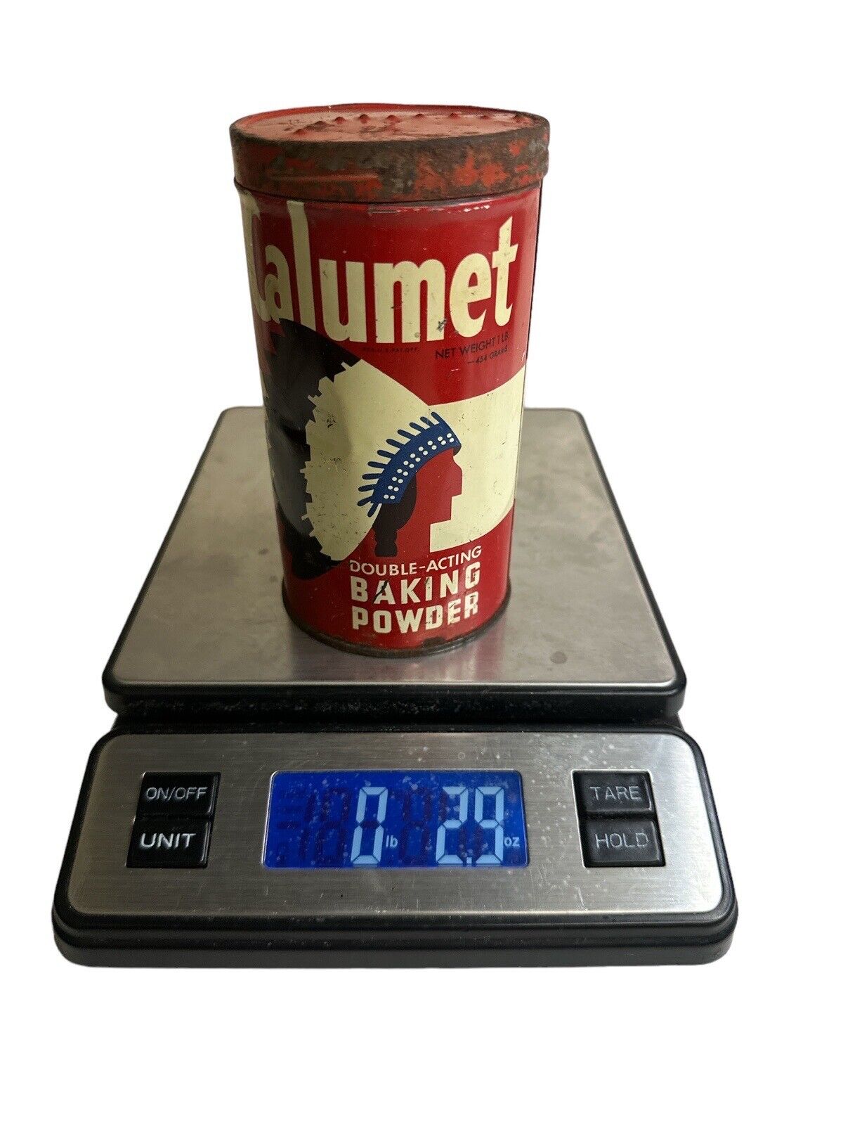 Vtg Empty 1 Lb Calumet Baking Powder Advertising Tin General Foods NY 1945-55