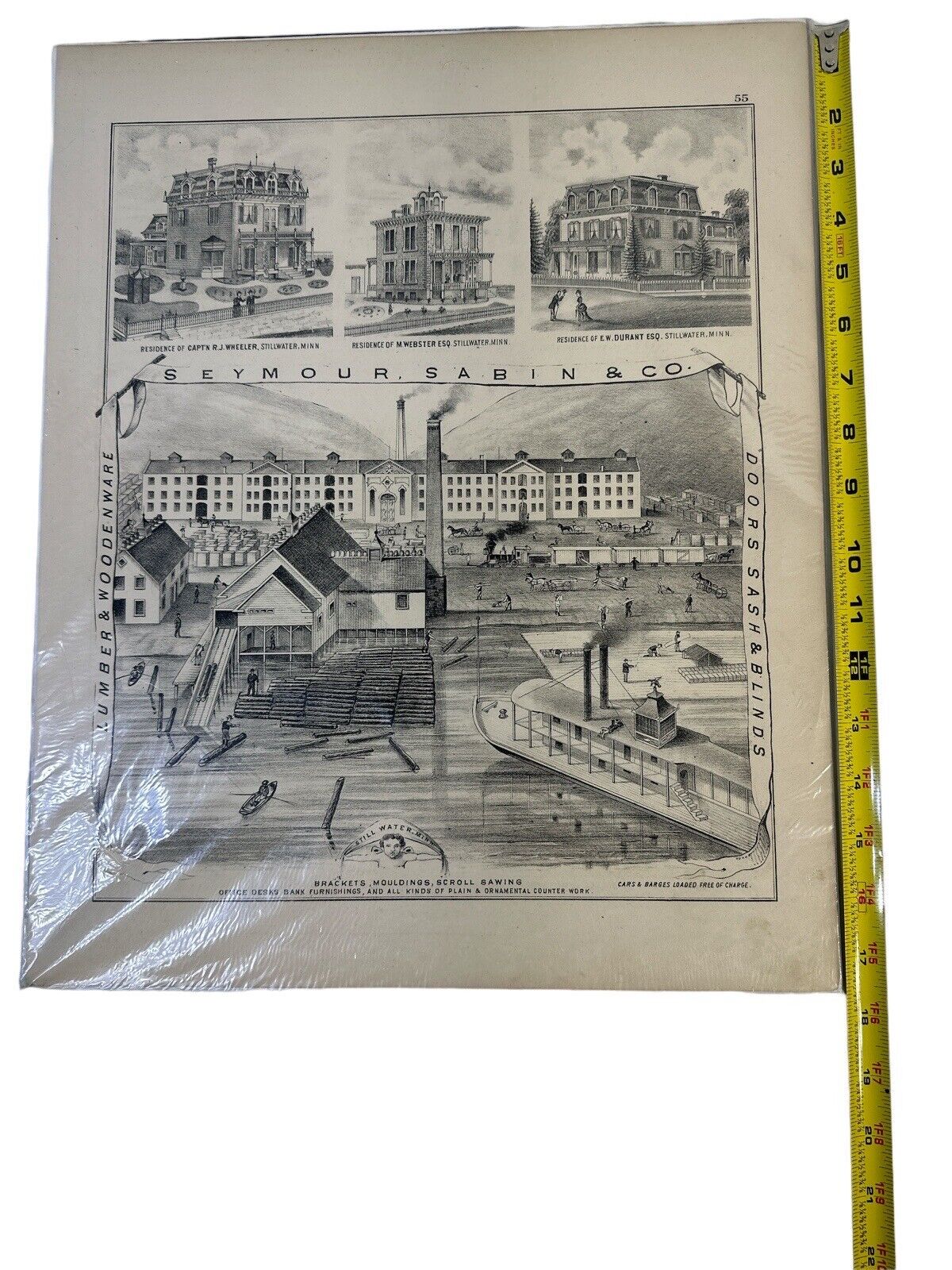 1874 illustrated historical Litho of Stillwater Minnesota Industry 17” x 14”