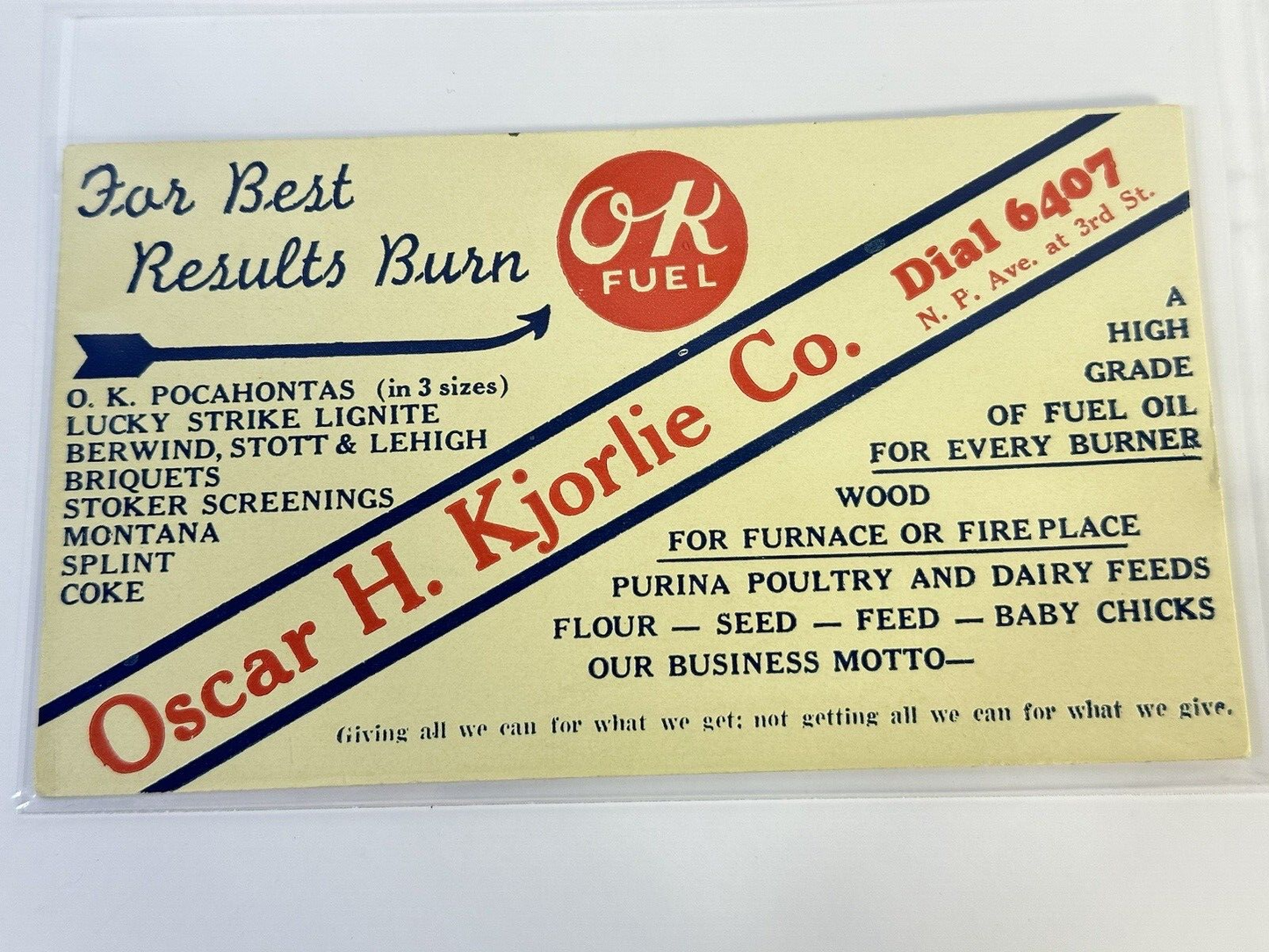 Vtg 1930s Oscar H. Kjorlie Company Advertising Handout Card 6"x3.5" OK Fuel