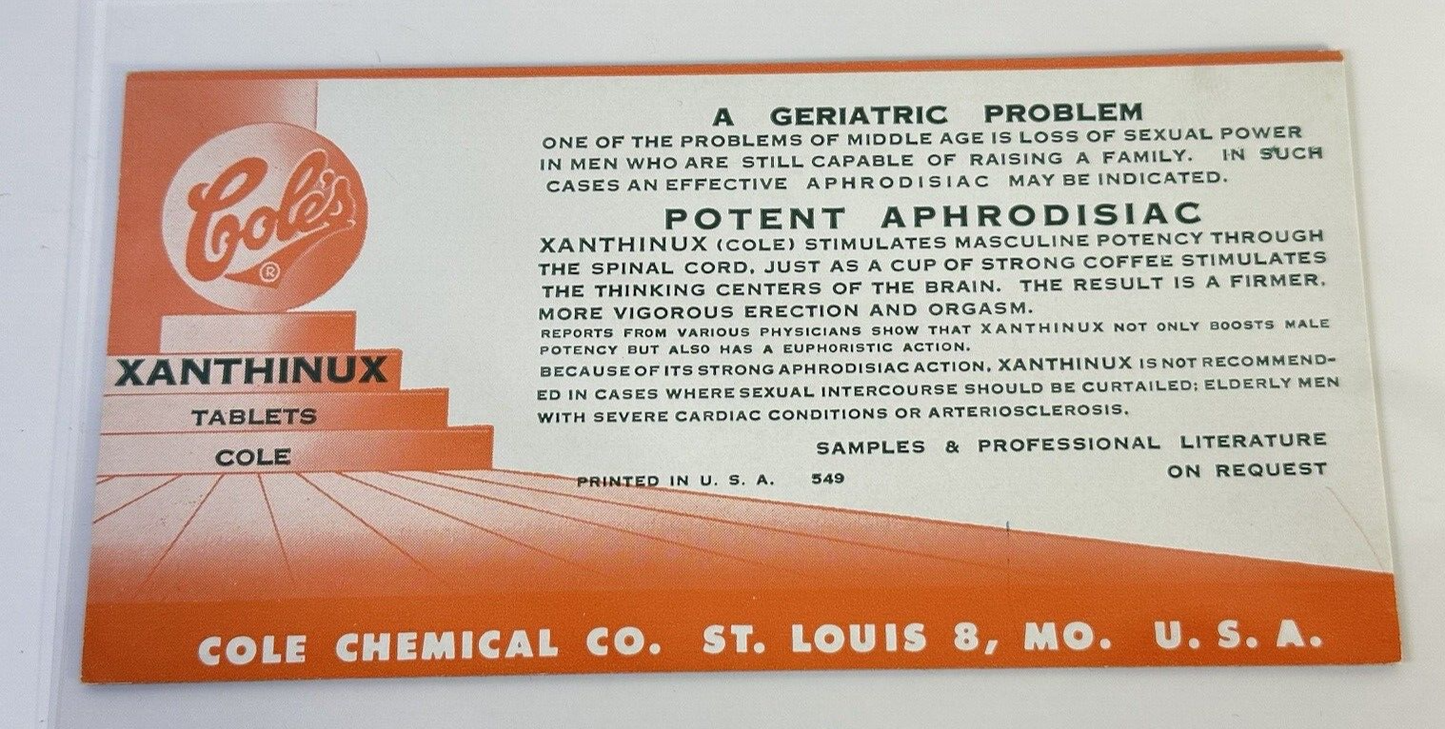 Vtg 1930's Cole Chemical Co. Advertising Handout Card 6" x 3" Printed in the USA