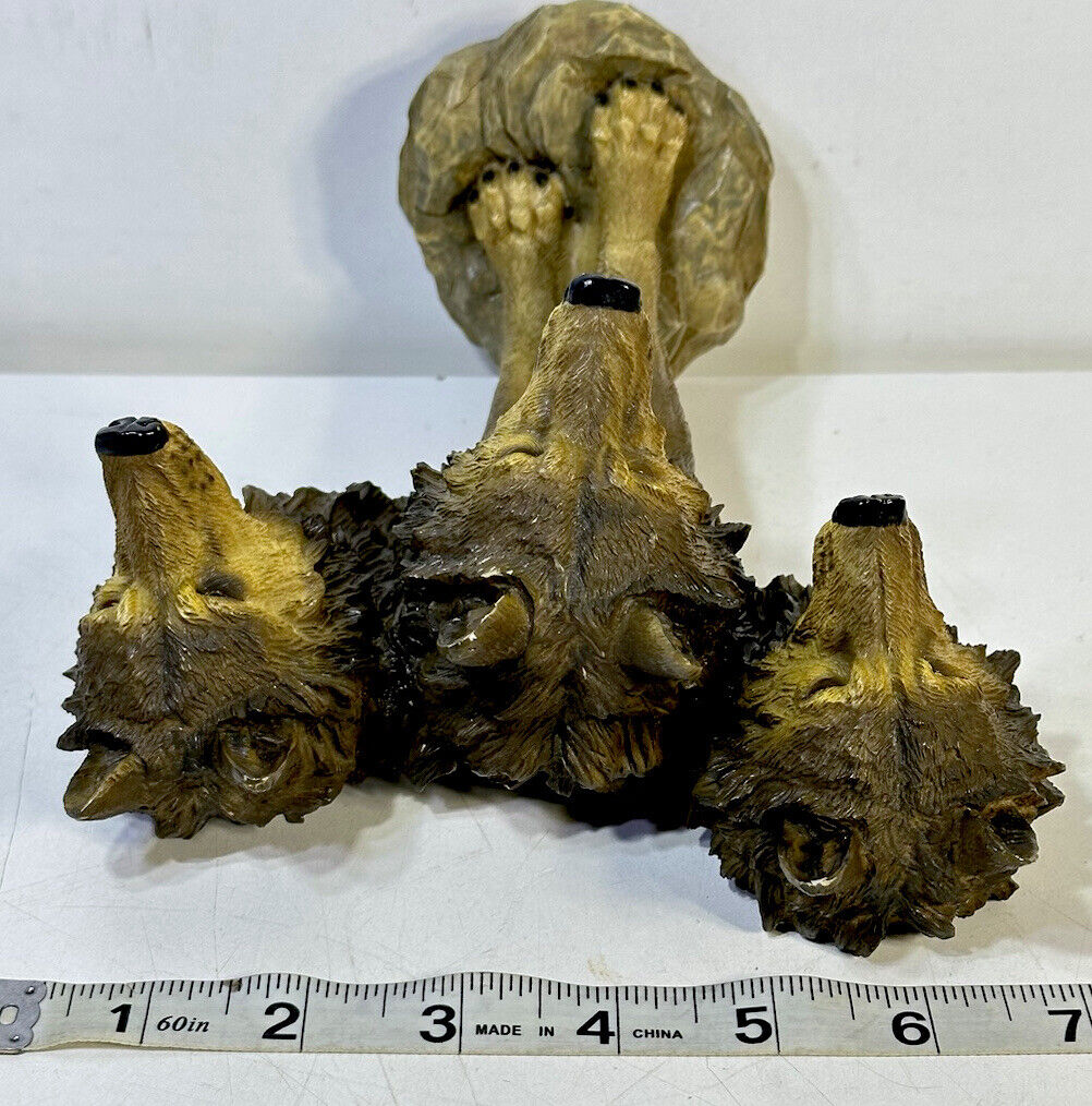 3 Wolf Heads Bust Sculpture Figurine 8.5” Resin Folk Art Table Decor
