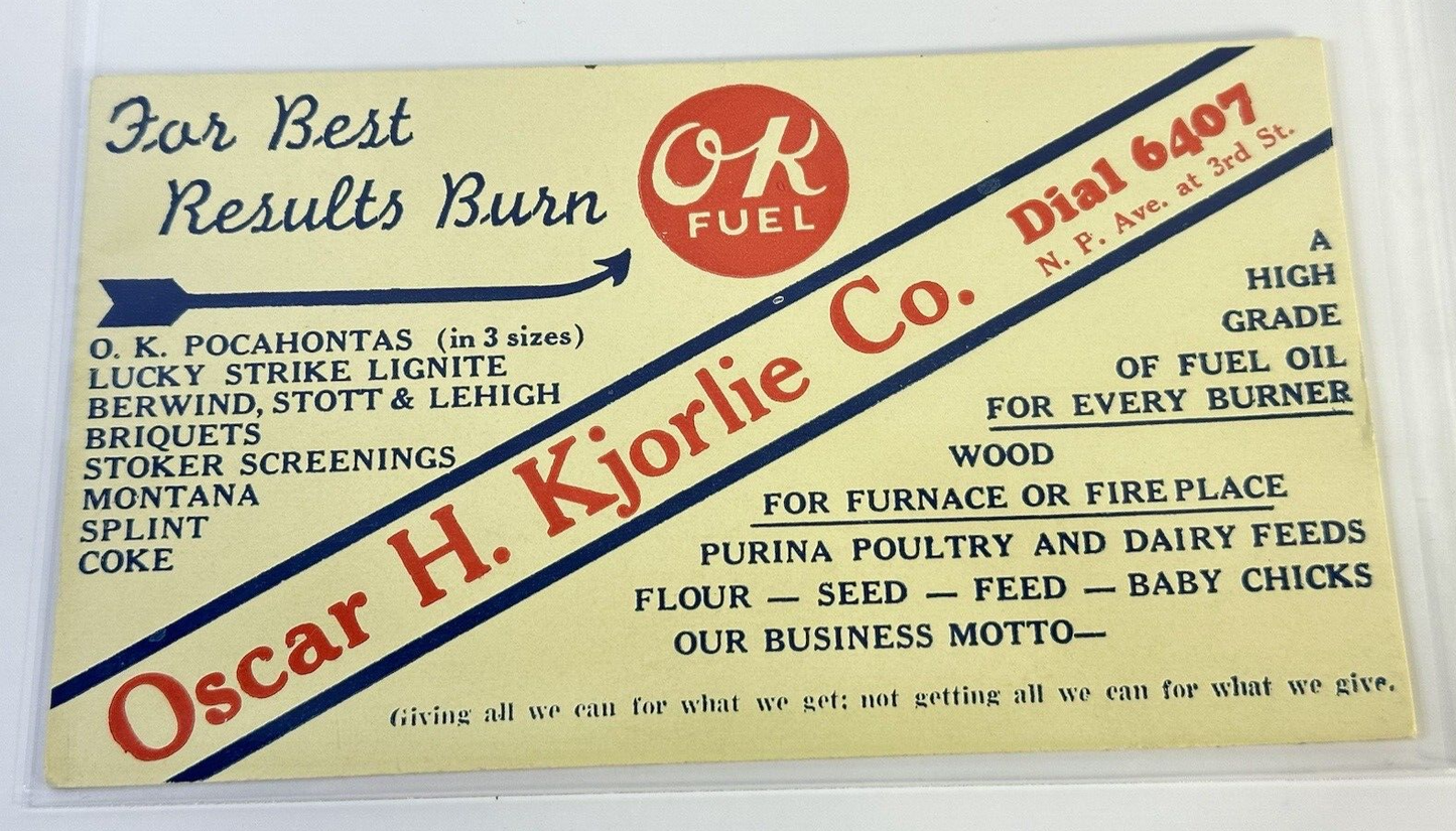 Vtg 1930s Oscar H. Kjorlie Company Advertising Handout Card 6"x3.5" OK Fuel