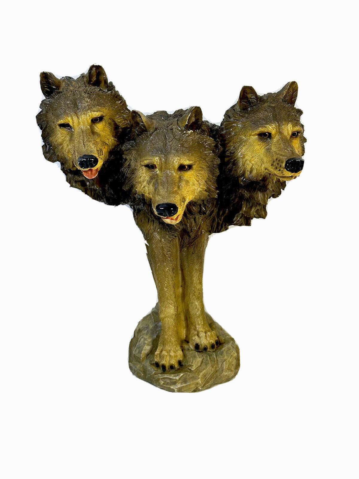 3 Wolf Heads Bust Sculpture Figurine 8.5” Resin Folk Art Table Decor