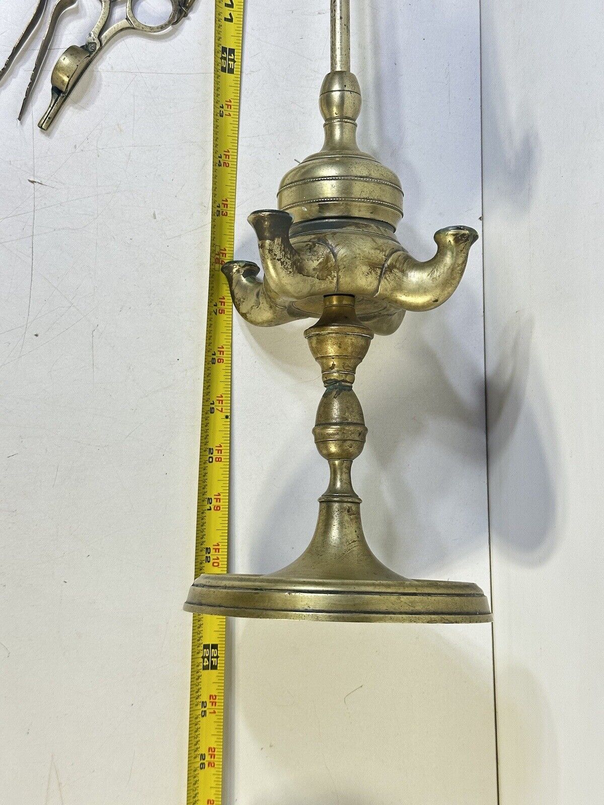 Antique Brass Whale Oil Lamp Candle Light Oil Lamp with Tools 1800’s 24” Tall