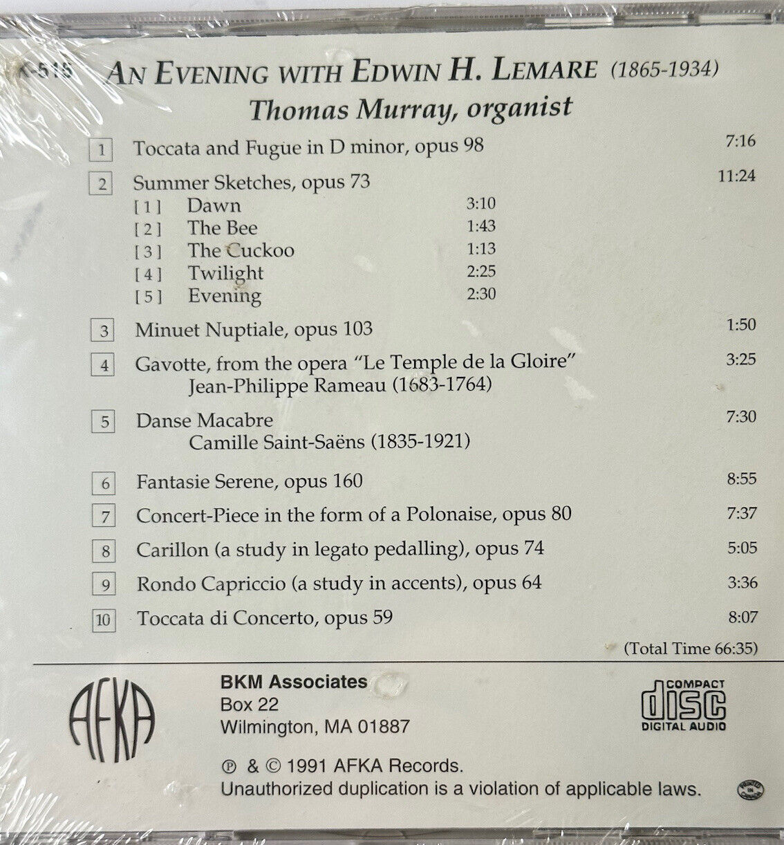 An Evening With Edwin H. Lemare CD AFKA SK-515 & BMK Associates NOS 1991