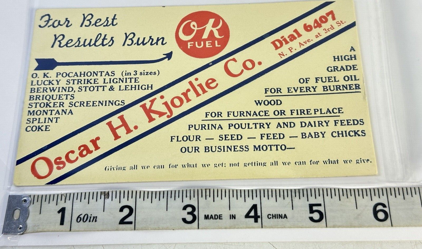 Vtg 1930s Oscar H. Kjorlie Company Advertising Handout Card 6"x3.5" OK Fuel