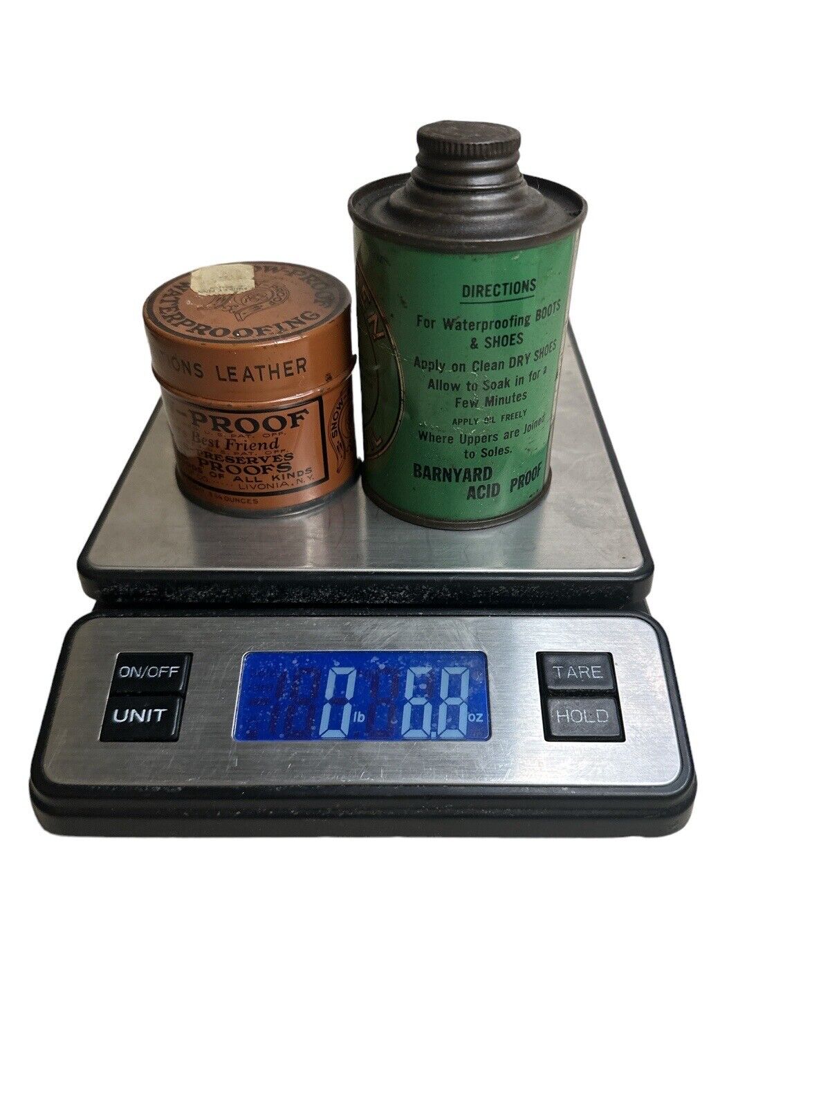 Lot of 2 Vtg 1940’s Shoe Oil Advertising Cans Tins Nor-V-Gen & Snow Proof