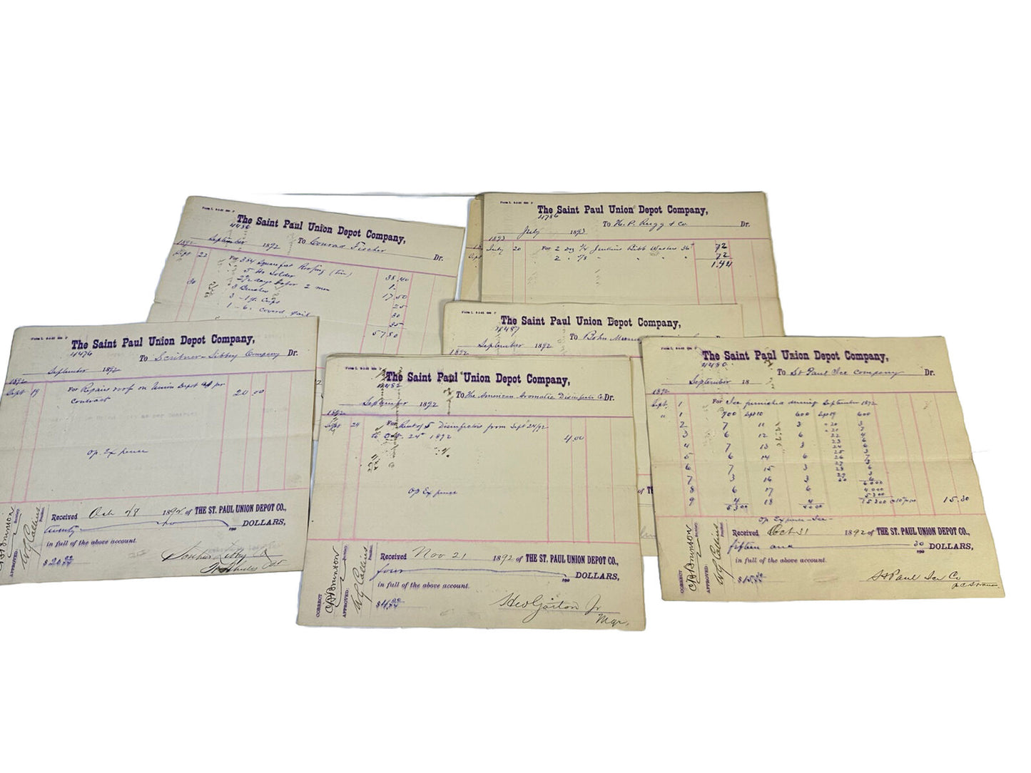 Lot Of 22 The Saint Paul Union Depot Company Accounts Receivable Receipts 1892