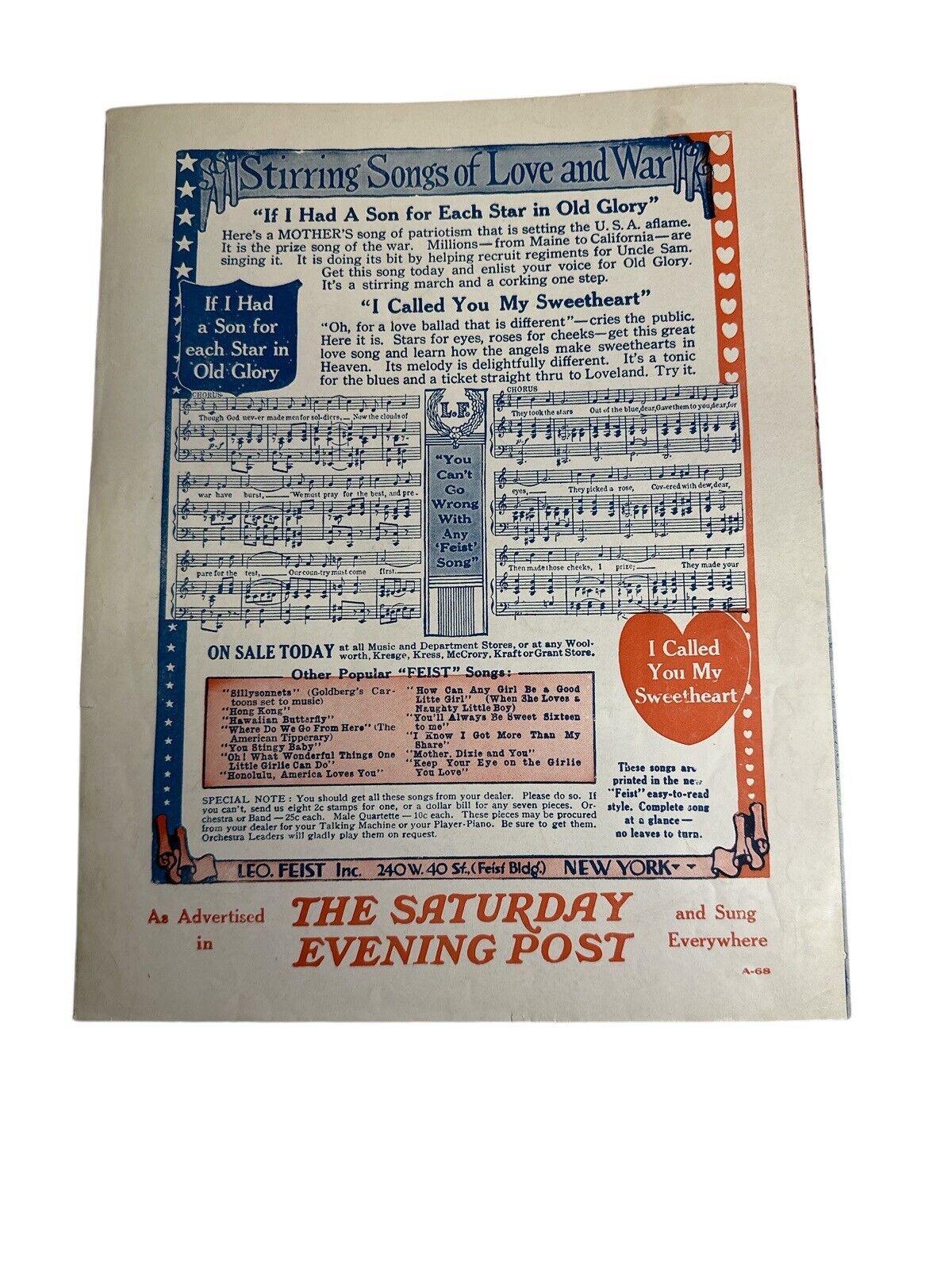 Antique 1917 Sheet Music Large Size It’s A Long Way From Berlin Ragtime Music