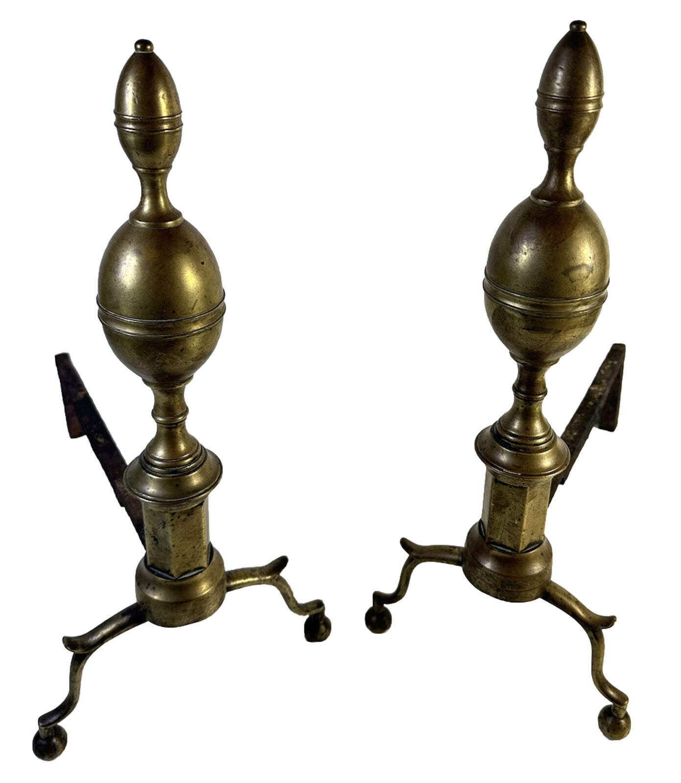 pair of antique 18th Century brass wrought iron Federal double lemon andirons