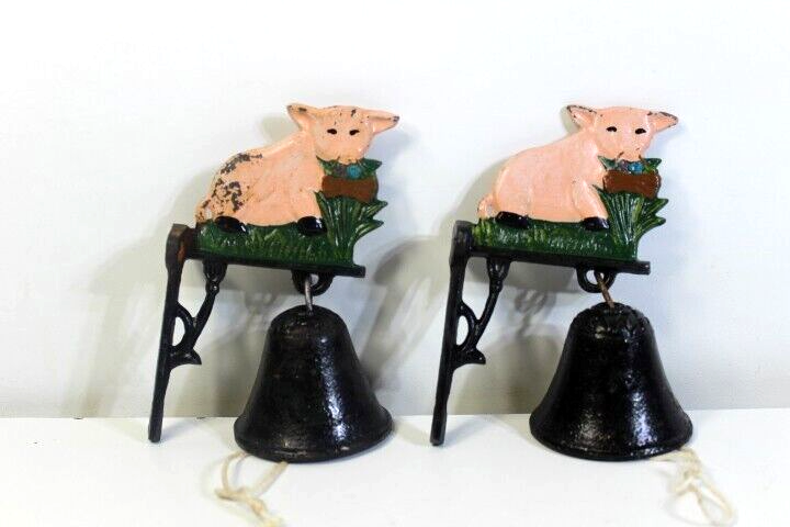 Set of 2 matching Cast Iron Pig design and wall hanging bells working