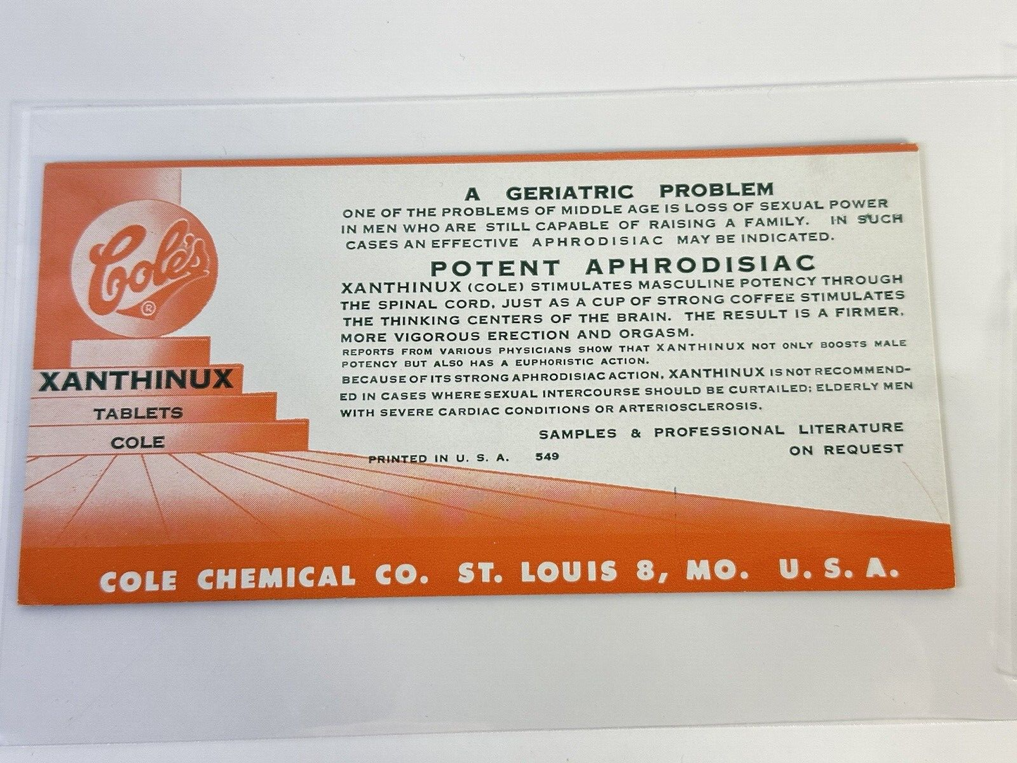 Vtg 1930's Cole Chemical Co. Advertising Handout Card 6" x 3" Printed in the USA