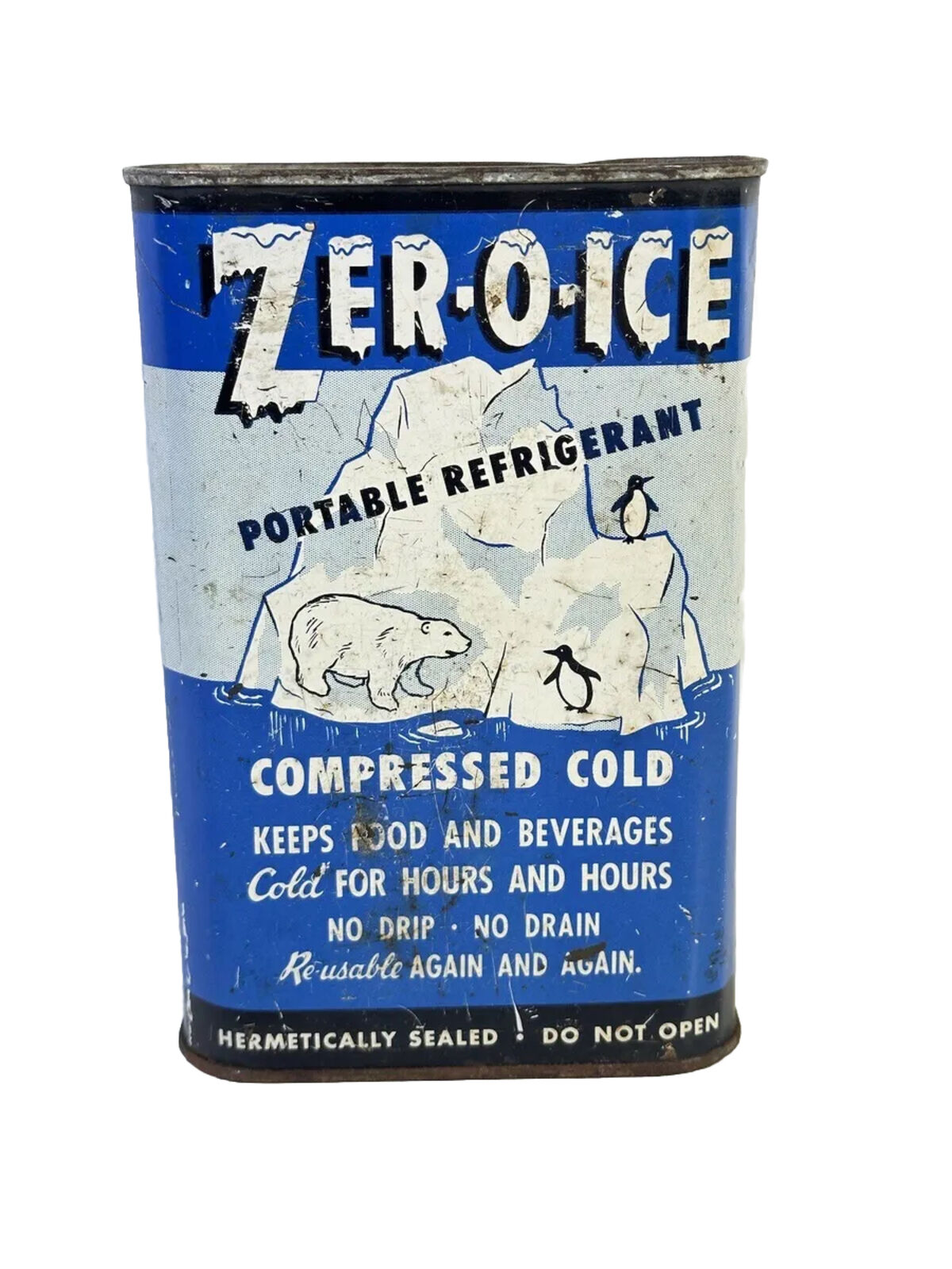 Antique Vintage Zero-O-Ice Portable Refrigerant Compressed Cold Tin Container