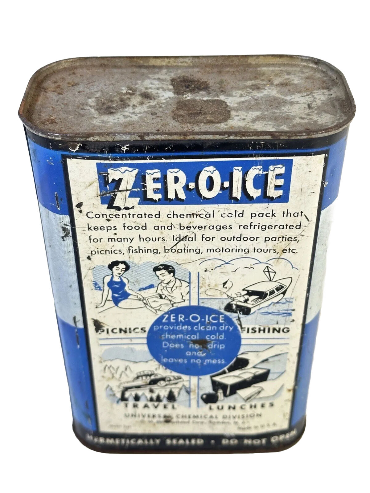 Antique Vintage Zero-O-Ice Portable Refrigerant Compressed Cold Tin Container